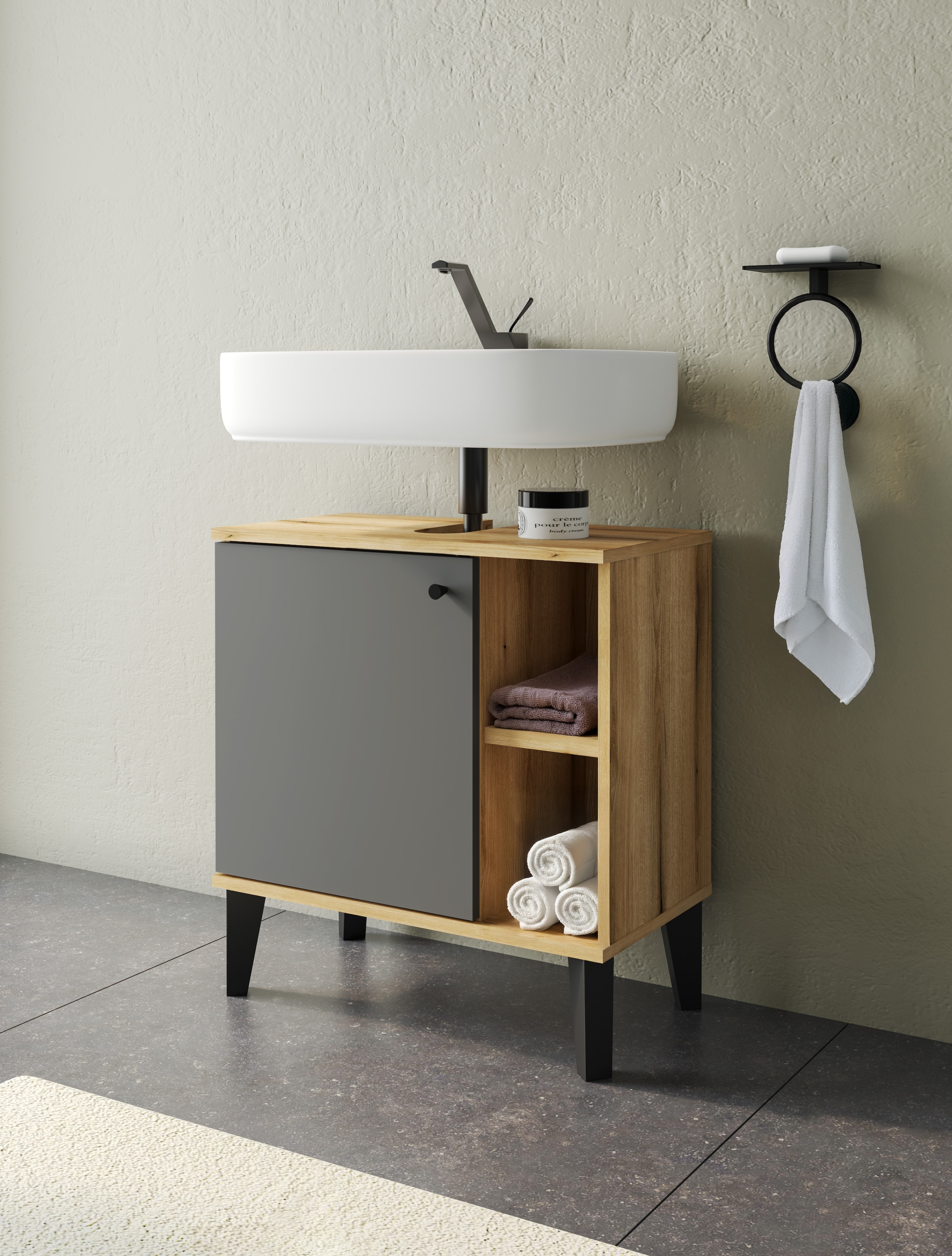 INOSIGN Waschbeckenunterschrank »Oslo, Waschtisch mit Knopfgriff, Badschrank im skandinavischen Design« in der Türfarbe Weiss oder Grau verfügbar, ausreichend Stauraum