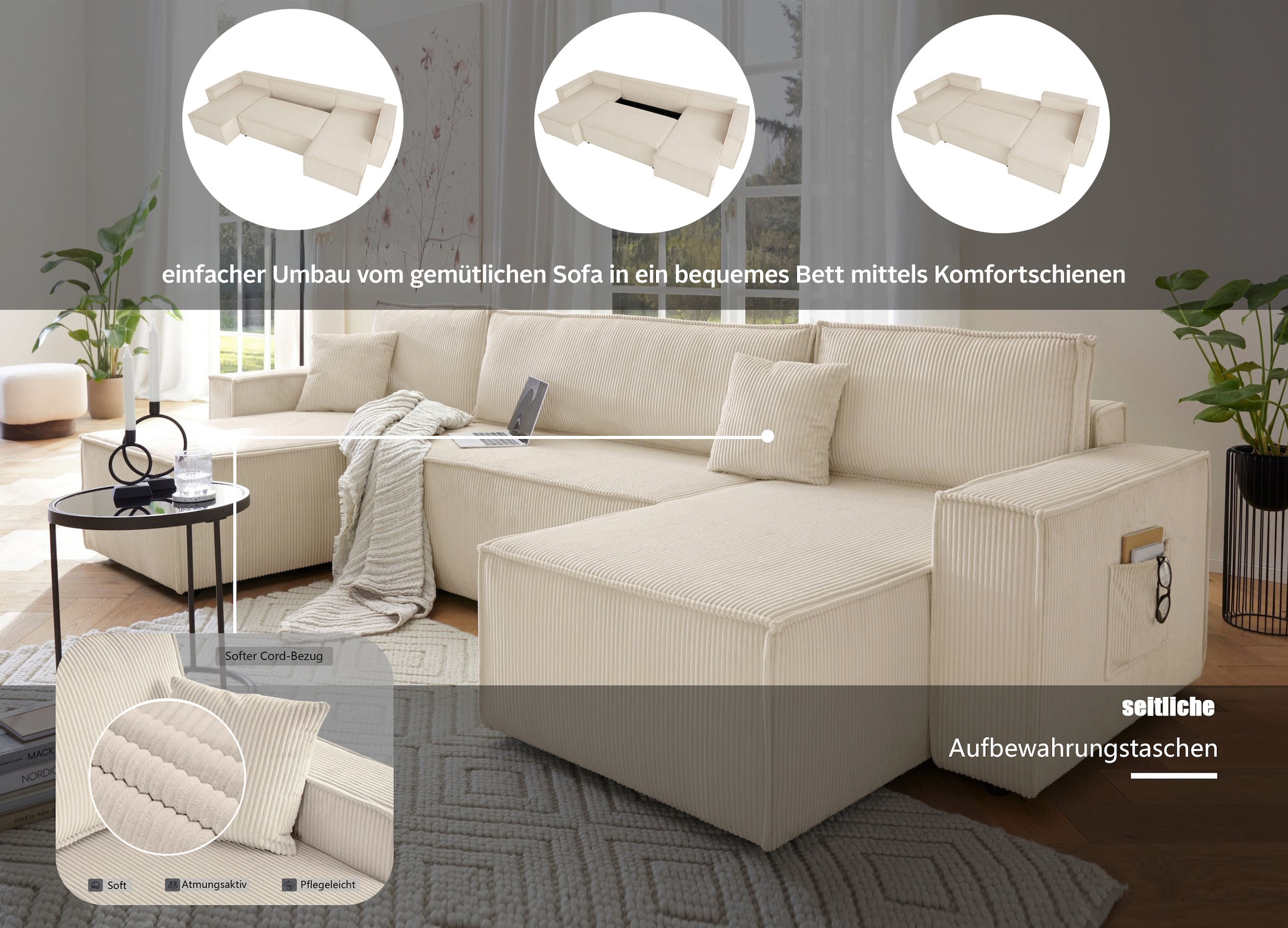 GOODproduct Paysage de salon »CASSI L-Form, 311cm - OTTO. Verlässliche Qualität.« Schlaffunktion (133/200), Boxspring, Bettkasten, Cord, Unser Tiefpreis