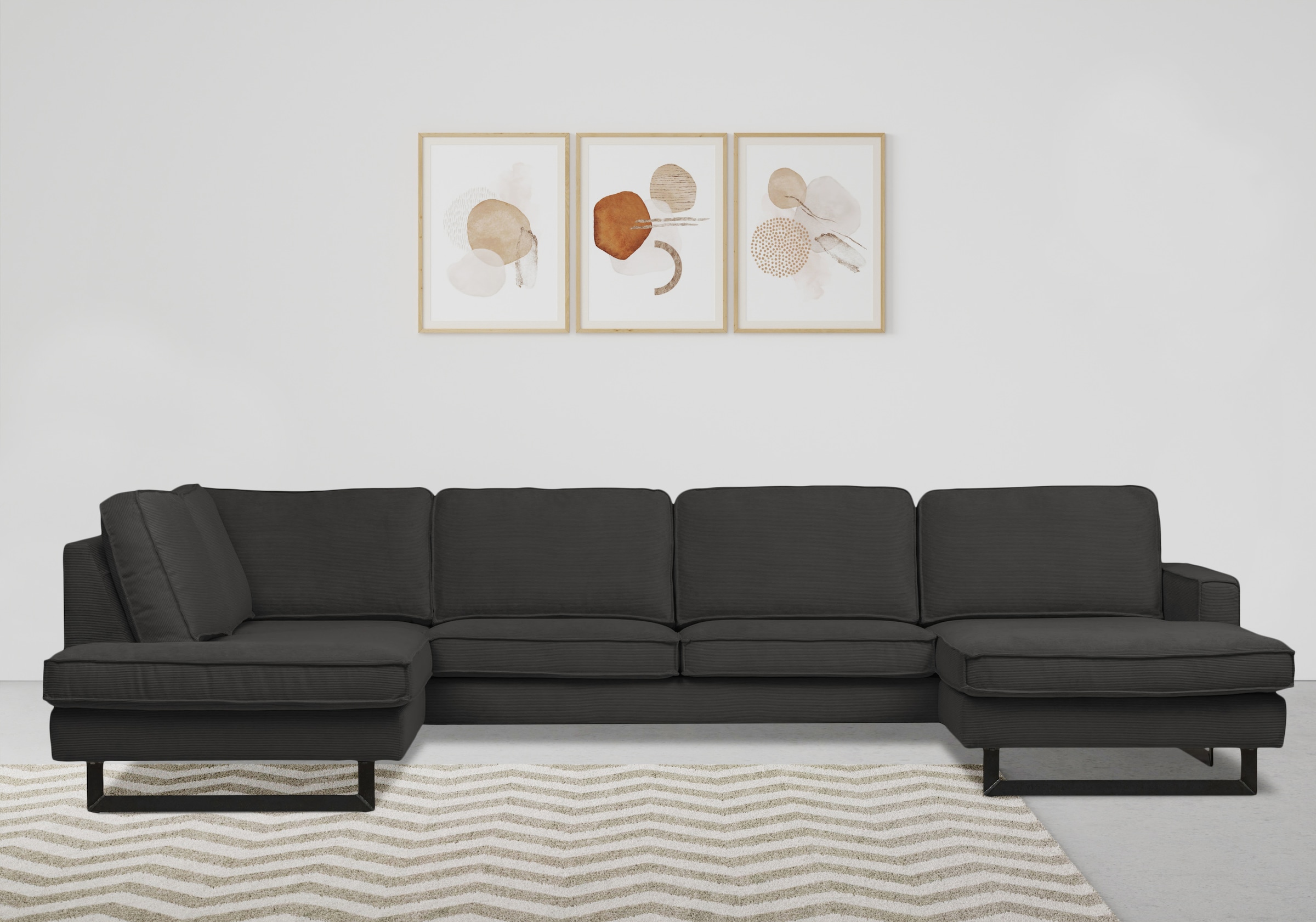 Home affaire Paysage de salon »Pinto, 350 cm, U-Form, XXL, mit Ottomanen« velours côtelé, chenille, aspect cuir, avec passepoil, pieds en métal, suspension ondulée