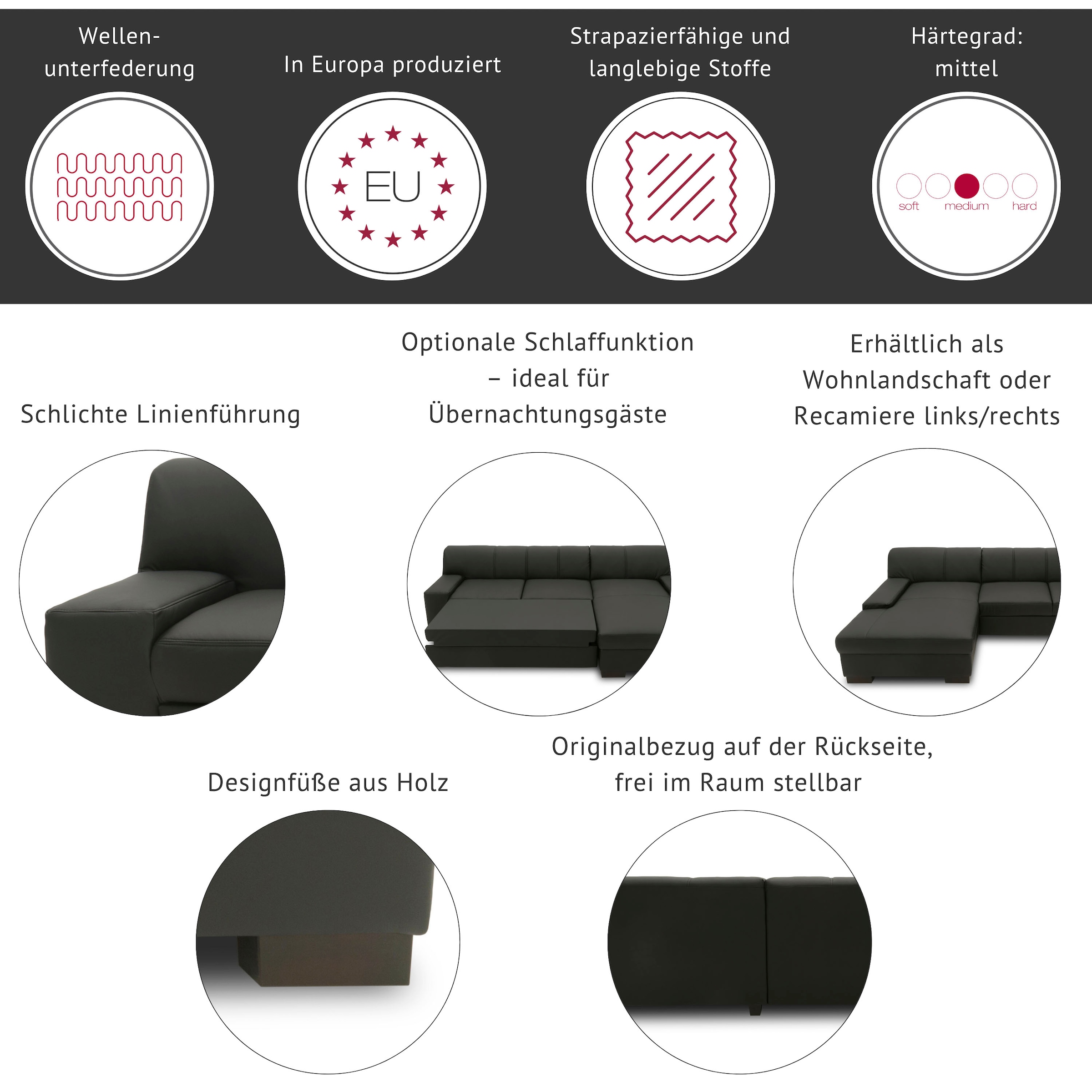 DOMO collection Wohnlandschaft »Norma Top, elegant und modern, flache Armlehnen, komfortabel, U-Form« wahlweise mit Bettfunktion, mit viel Platz