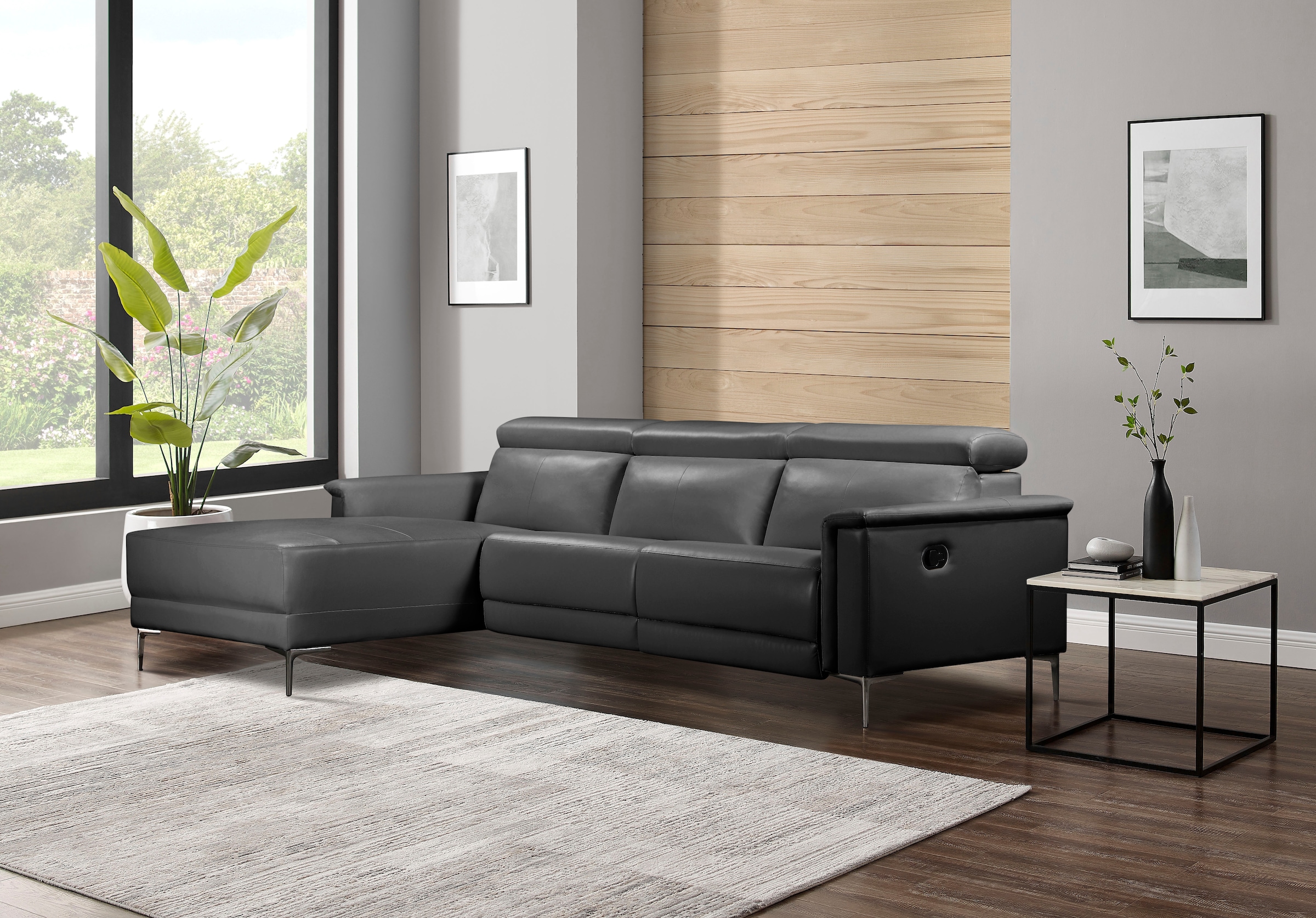 GOODproduct Canapé d'angle »LUND, Naturleder, L-Form, 261cm, man./elektr. Relaxfunktion (USB-A)« avec connexion USB A pour la version électrique et réglage de la tête de lit