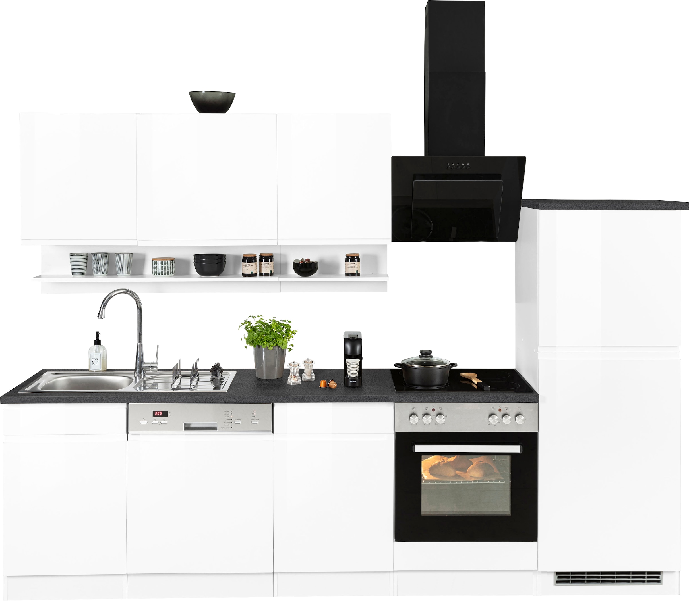 KOCHSTATION Kitchenette »KS-Virginia,neu in verbesserter Ausführung« plan de travail épaisseur 38 mm, rangement, fermeture douce,  Largeur 280 cm, fermeture douce, avec ou sans appareils électriques
