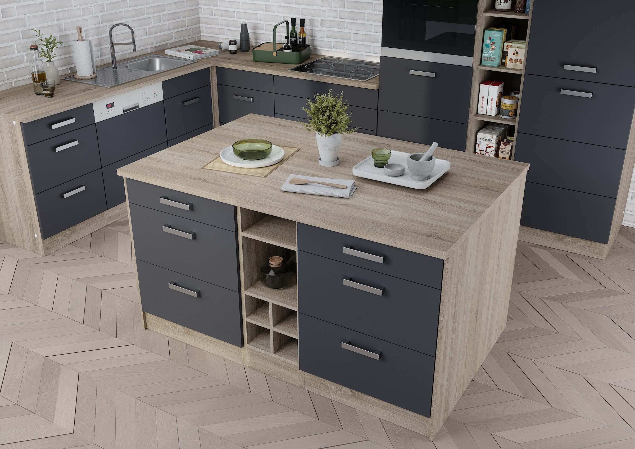 KOCHSTATION Ilot de cuisine »KS-Toronto« largeur 153 cm, façades MDF, casier à bouteilles