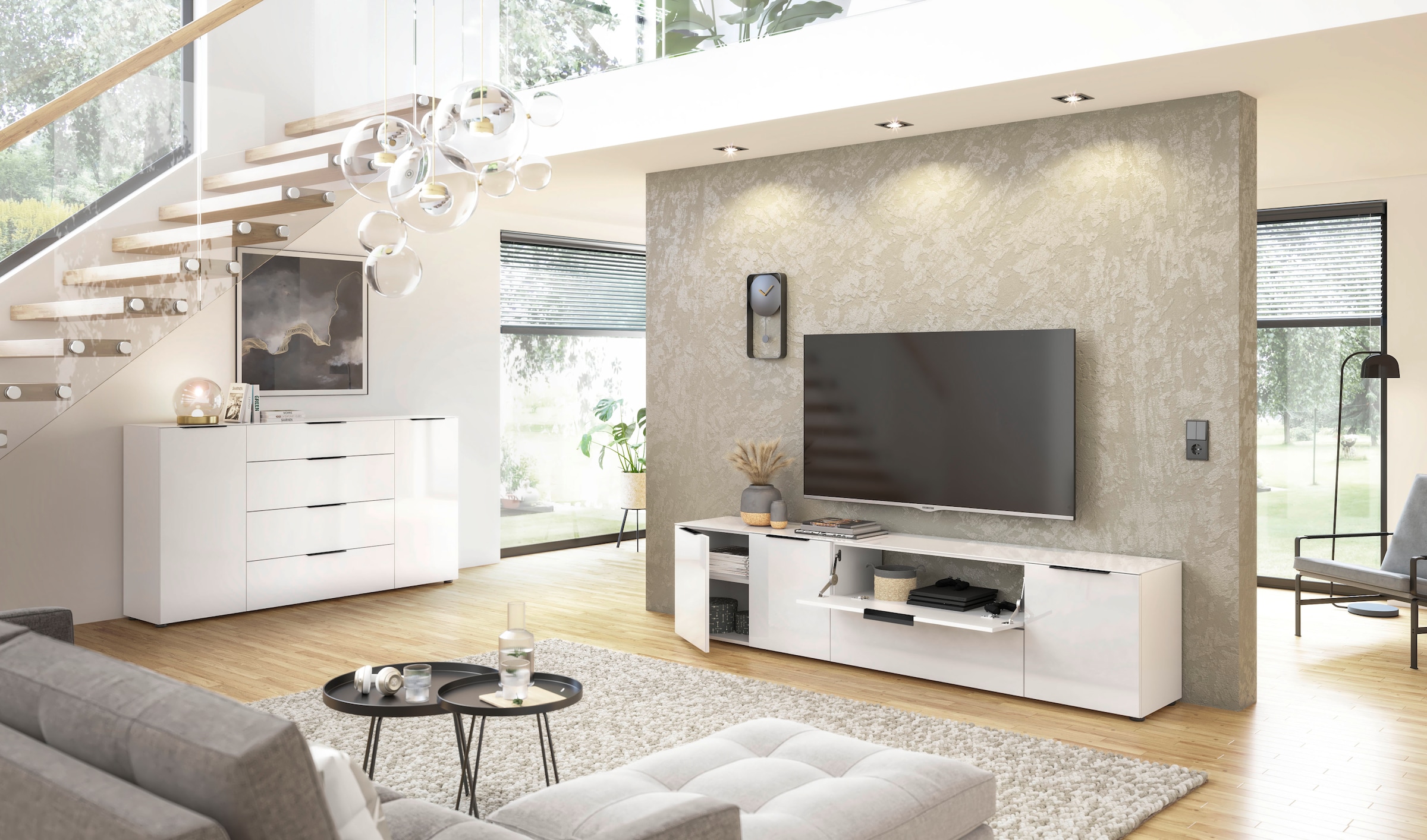 Manjana Möbel Sideboard »Style« mit Glasfronten, mit Metallgriffen, melaminbeschichtet