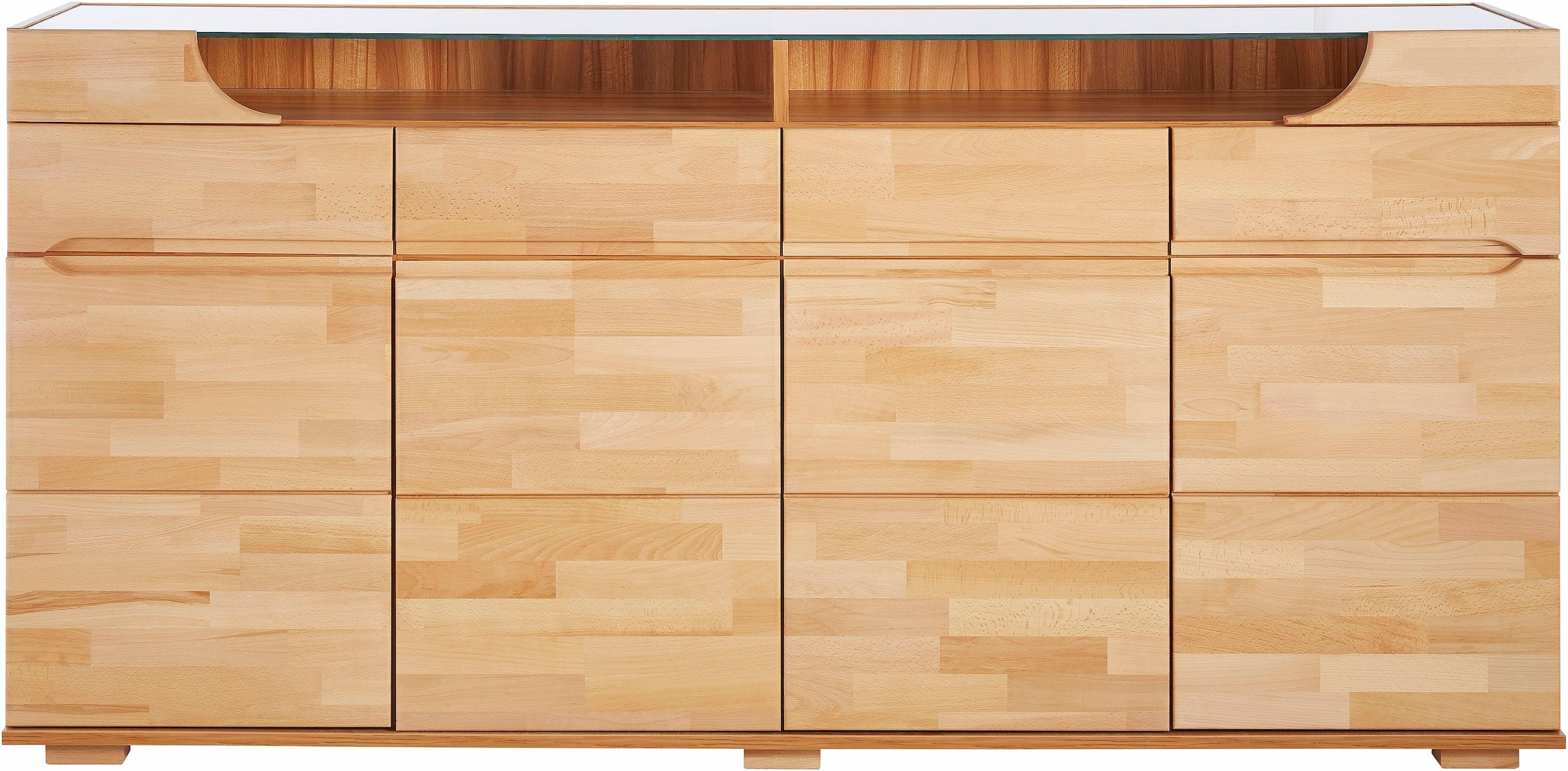 GOODproduct Sideboard »Vetro,200cm breit,40 cm tief,4 Schubladen Oberplatte aus Glas« Kernbuche massiv, Holzwerkstoff, 4Türen,4 Schubladen, Griffmulden