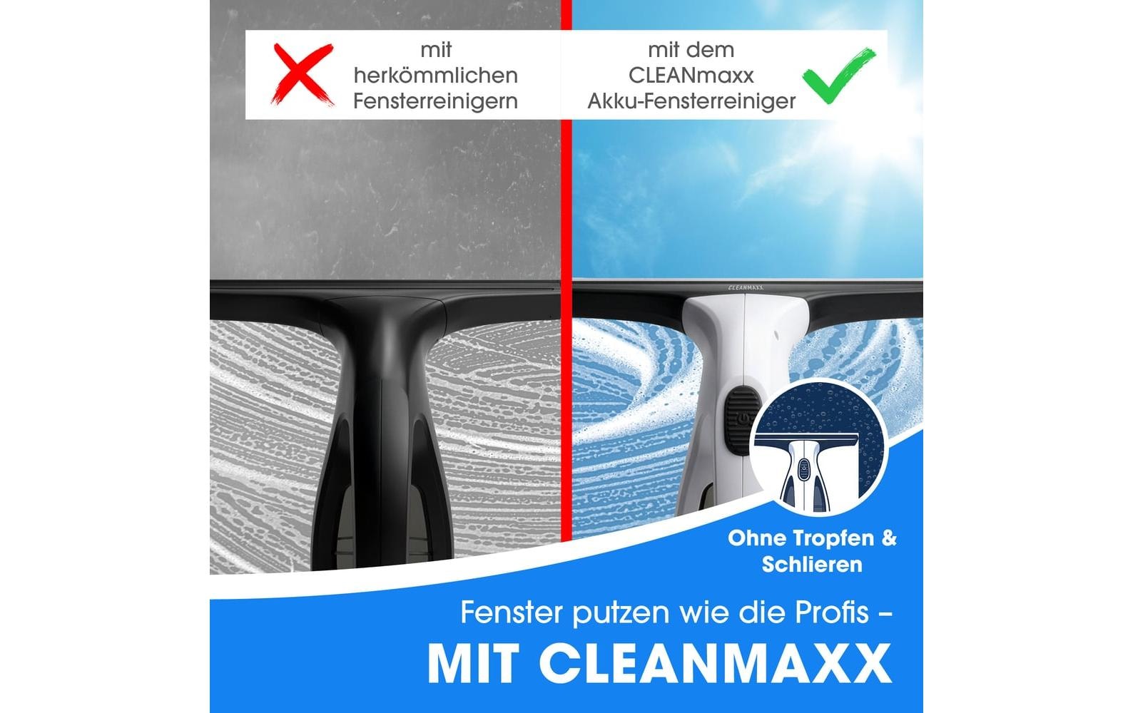 Lumaland Aspirateur de vitres sans fil »CLEANmaxx 3,7 V« nettoyeur de vitres sans fil avec fonction d’aspiration