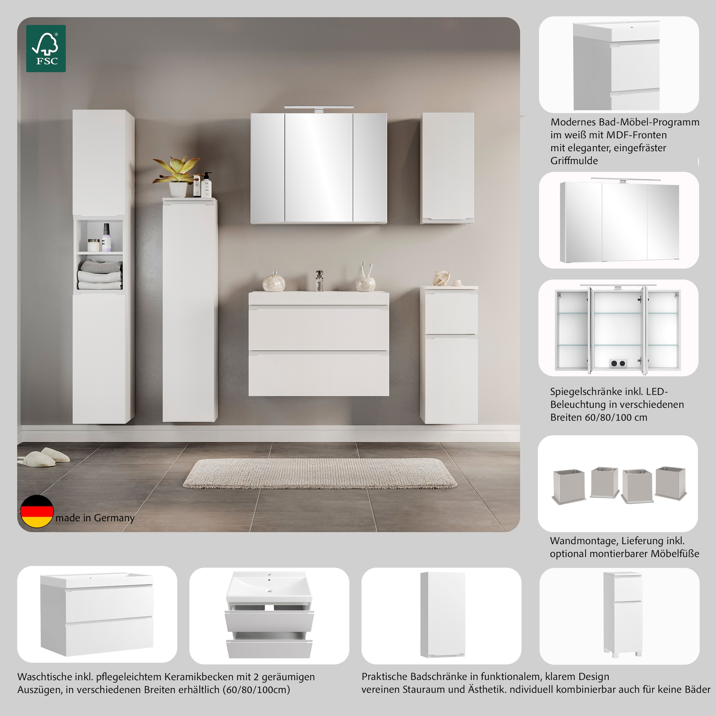 welltime Midischrank »CABO, gedämpfte Scharniere« matt weiss, griffloses Design, reversibel