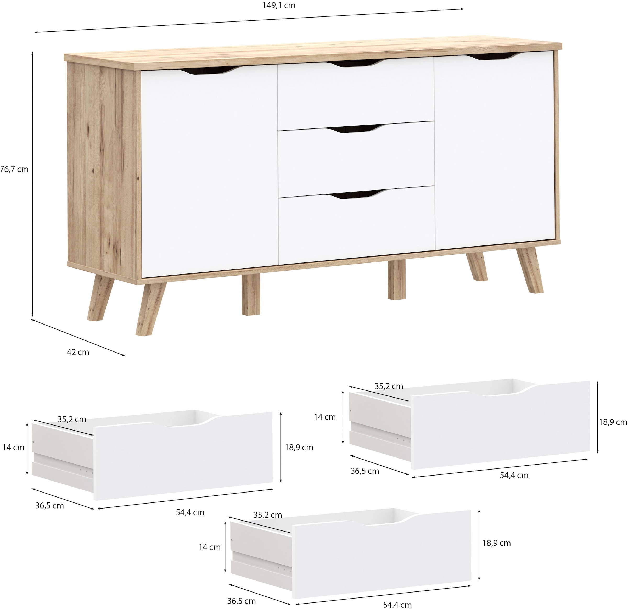 FORTE Sideboard »Vankka Anrichte« B/H/T 149,1/76,7/41,7 cm,  Sideboard , ca. 150 cm breit, Türen, Schubkästen,  Echtholzbeine