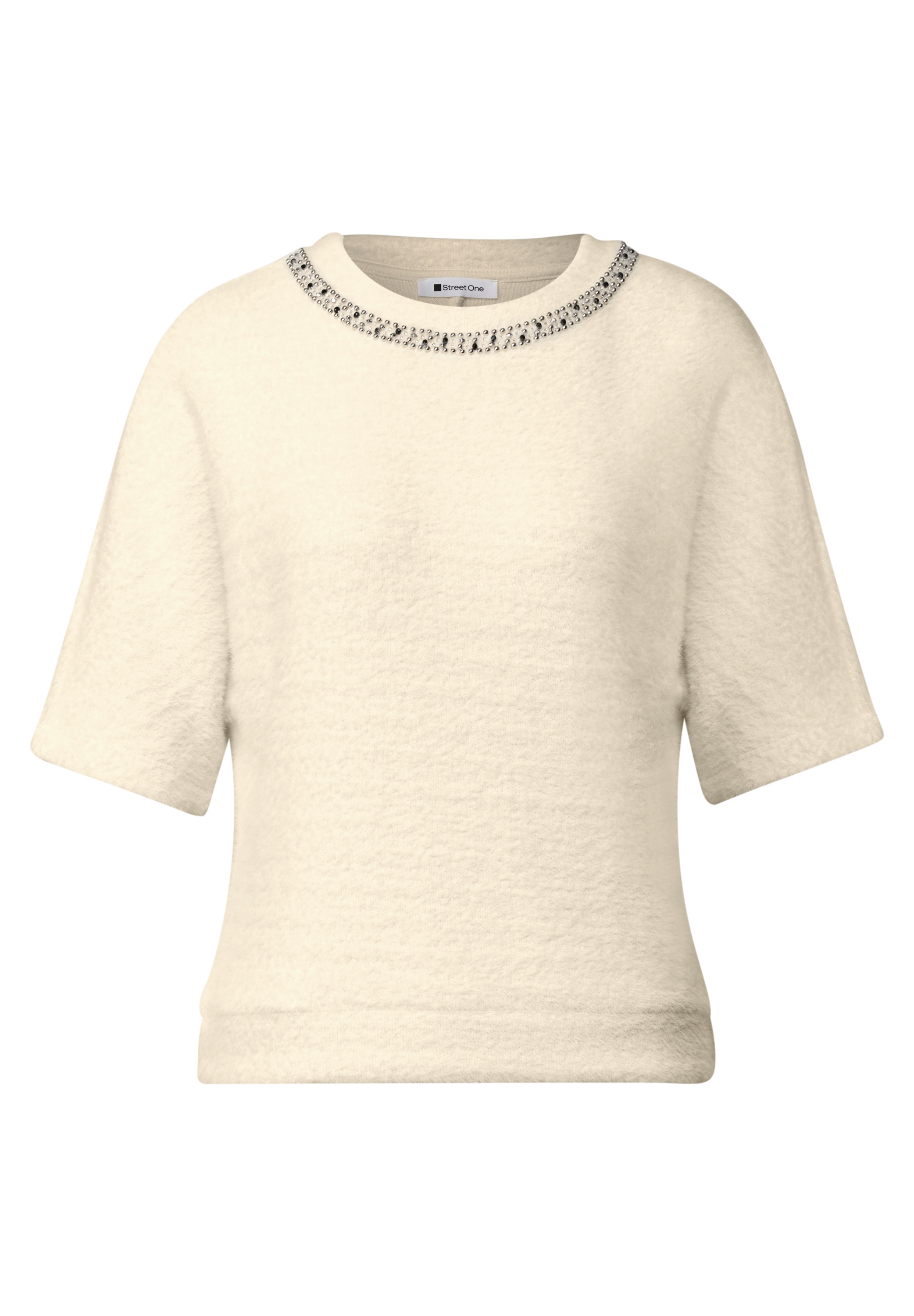 STREET ONE Kurzarmpullover Plüsch-Shirt mit Rundhals und Schmucksteinen