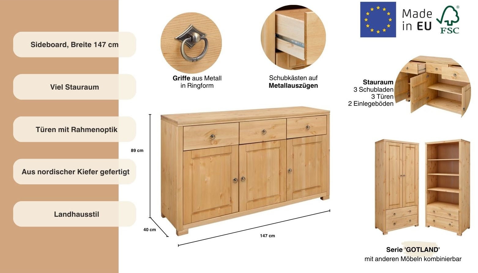 GOODproduct Sideboard »Gotland« Kommode, Breite 147 cm, aus massiver Kiefer, FSC®
