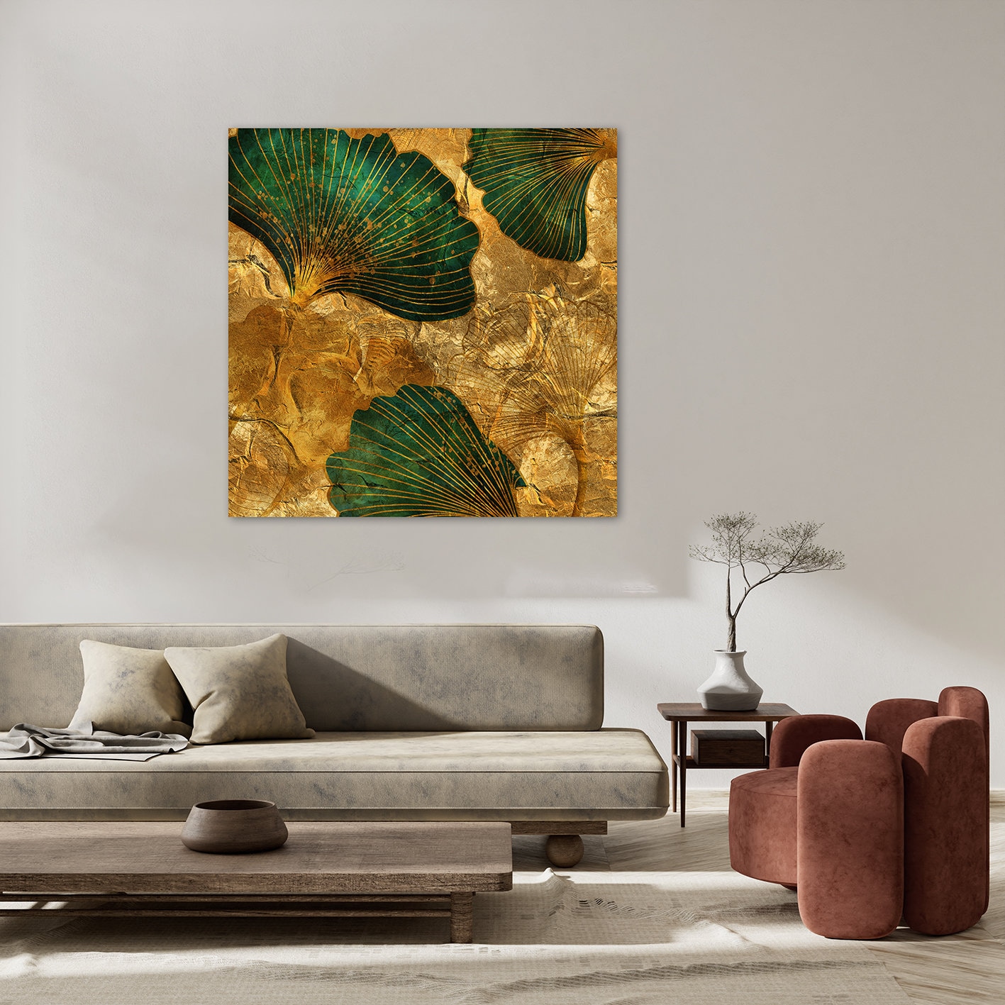 queence Peintures »Aluminium Bild Goldeffekt Blätter der Gingkopflanze« Feuilles | Images de feuilles | Images de plantes Alu Dibond avec structure brossée pour un effet métal noble