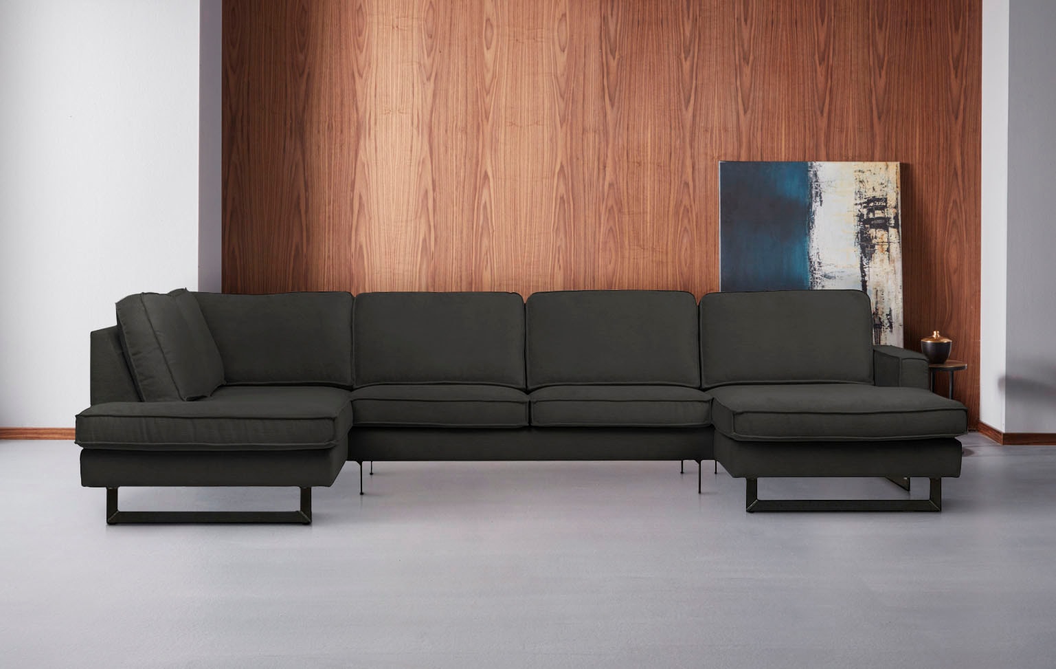 Home affaire Paysage de salon »Pinto, 350 cm, U-Form, XXL, mit Ottomanen« velours côtelé, chenille, aspect cuir, avec passepoil, pieds en métal, suspension ondulée