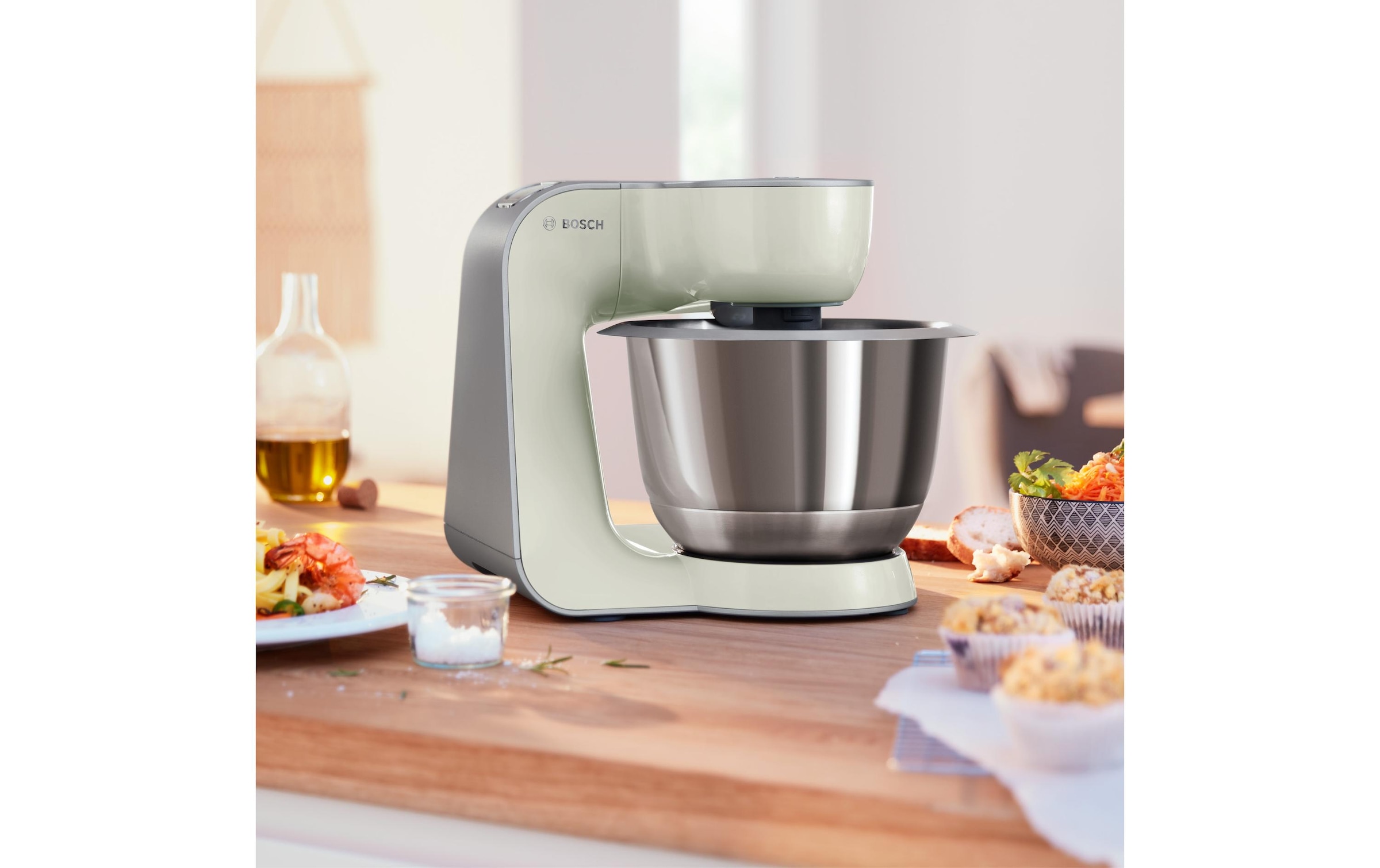 BOSCH Robot de cuisine »Serie 4 MUM58L20, Durchlaufschnitzler, Mixer, grau« 3 Scheiben, Schüssel, Knethaken/Rühr-/Silikonbesen, spülmaschinenfest