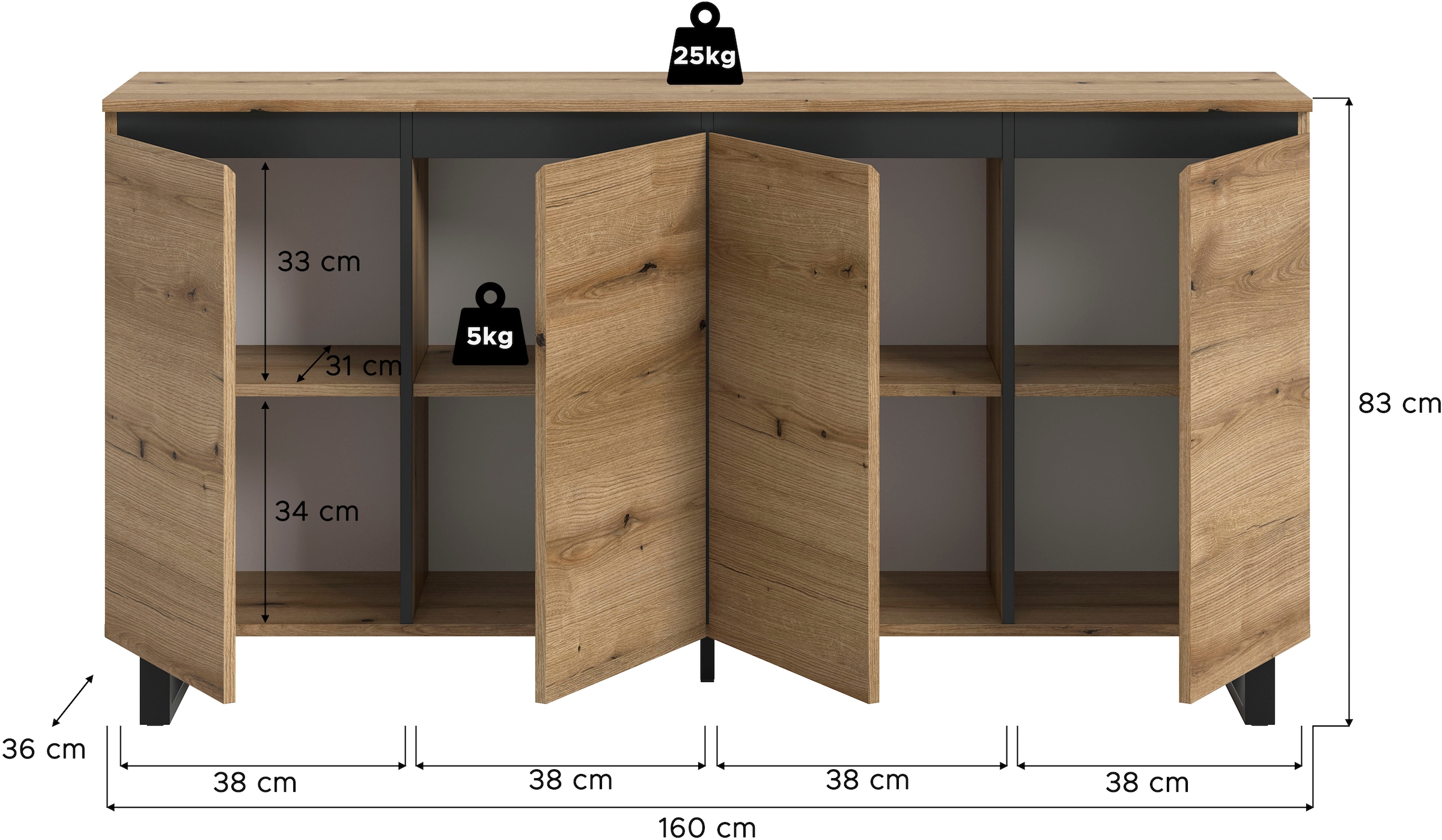 Home affaire Sideboard »TOMA, Breite: 160 cm, mit Metall-Kufen-Fuss, 4 Türen, 4 Einlegeböden« Anrichte, Kommode, Schrank, Board, Higboard