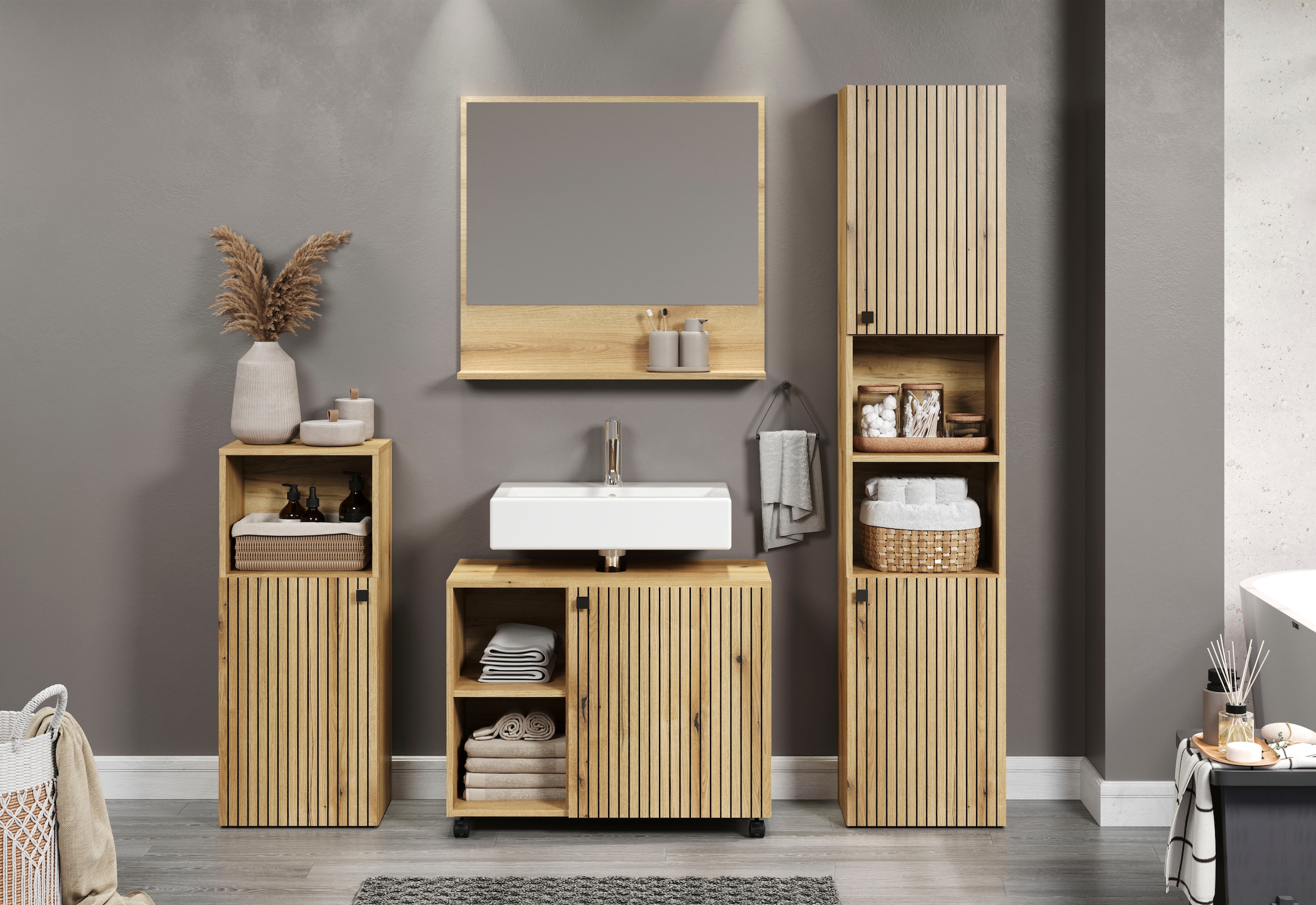 welltime Ensemble de meubles de salle de bain »Amrum Waschbeckenunterschrank Spiegel Hochschrank Badschrank« Ensemble complet, 4 cuis tlg.
