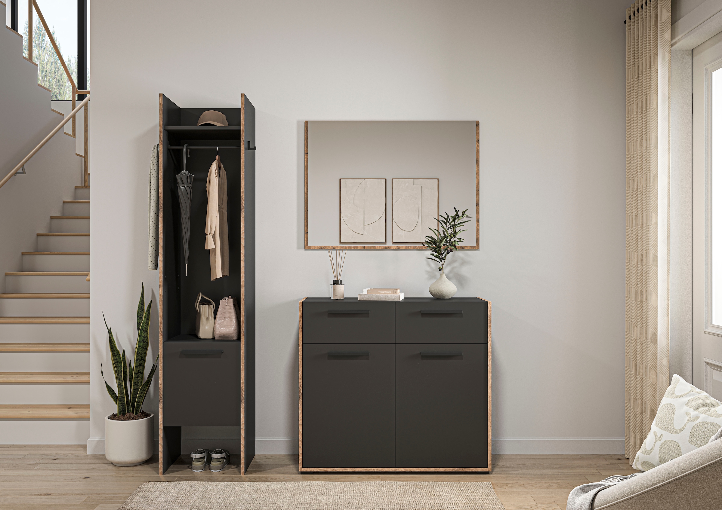 Home affaire Garderoben-Set »MUSTA, 3-teilig: Garderobenschrank, Kommode & Garderobenspiegel«