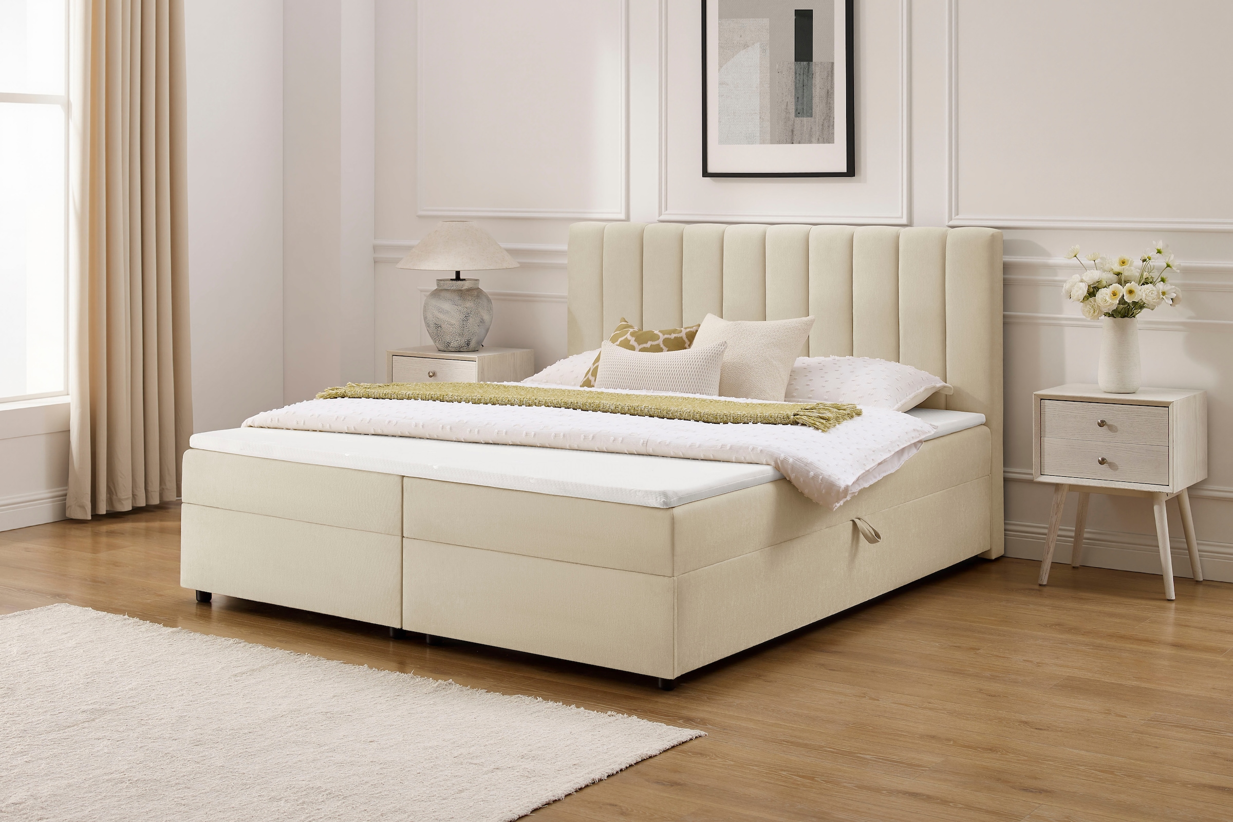 GOODproduct Lit de boxe »HAILEYY, Polsterbett mit Bettkasten, inkl. Taschenfederkernmatratze H3« avec surmatelas en mousse froide, housse en chenille, 140x200 & 180x200 cm