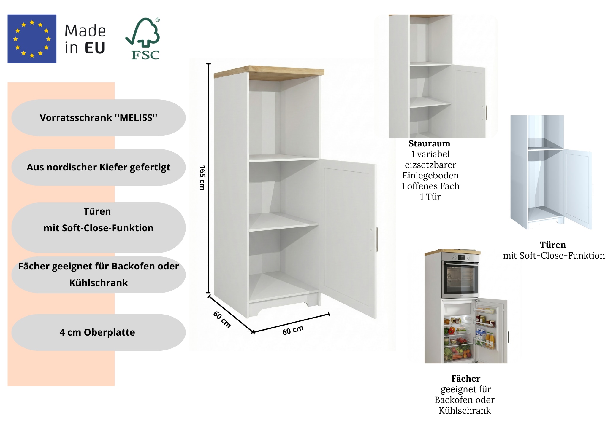 Home affaire Four/réfrigérateur encastrable »Meliss« aus massiver Kiefer, Breite 60 cm, Soft-Close-Funktion