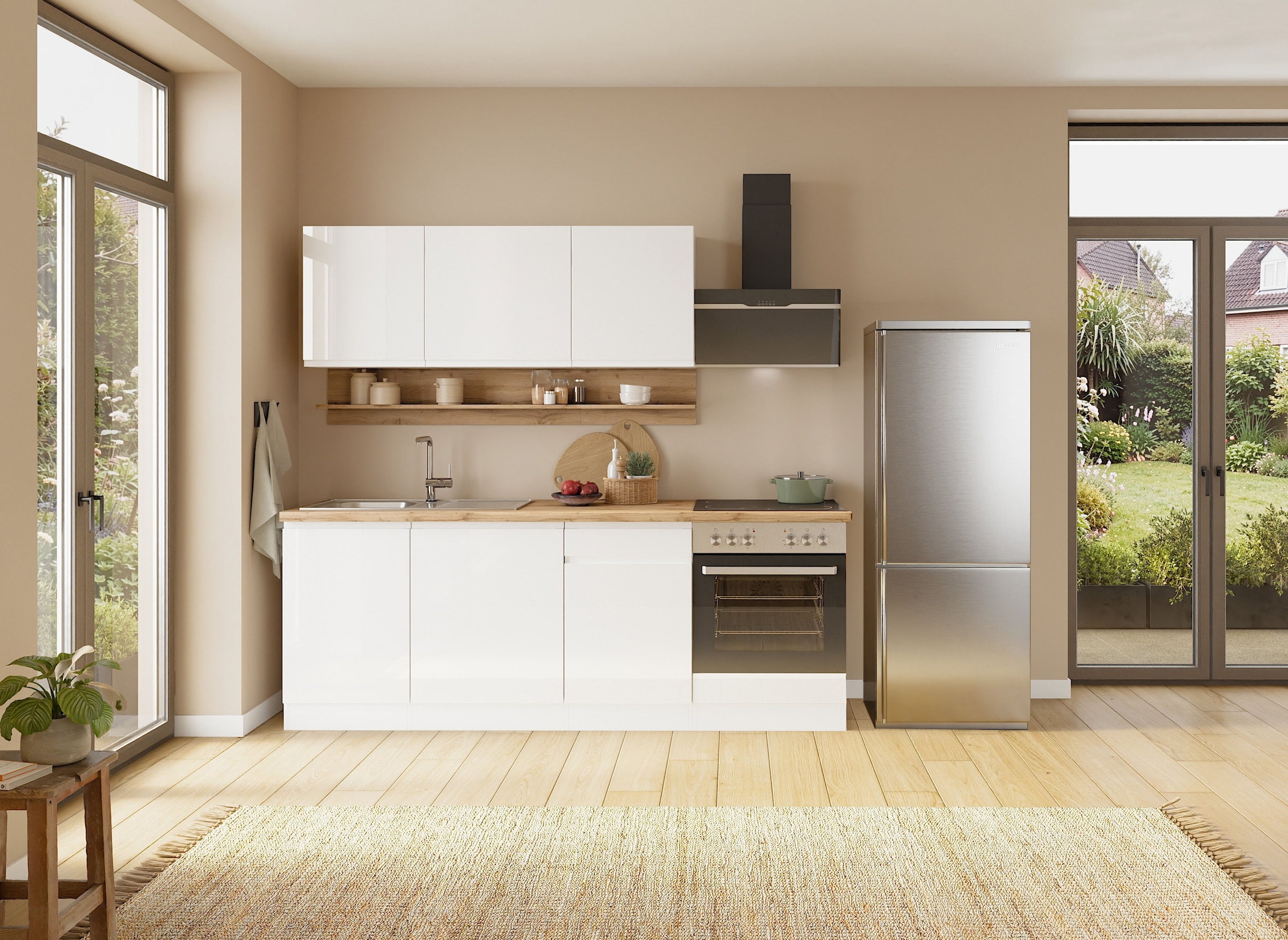KOCHSTATION Kitchenette »KS-Virginia,neu in verbesserter Ausführung« plan de travail épaisseur 38 mm, rangement, fermeture douce,  largeur 220 cm, soft-close, avec appareils électroménagers en option