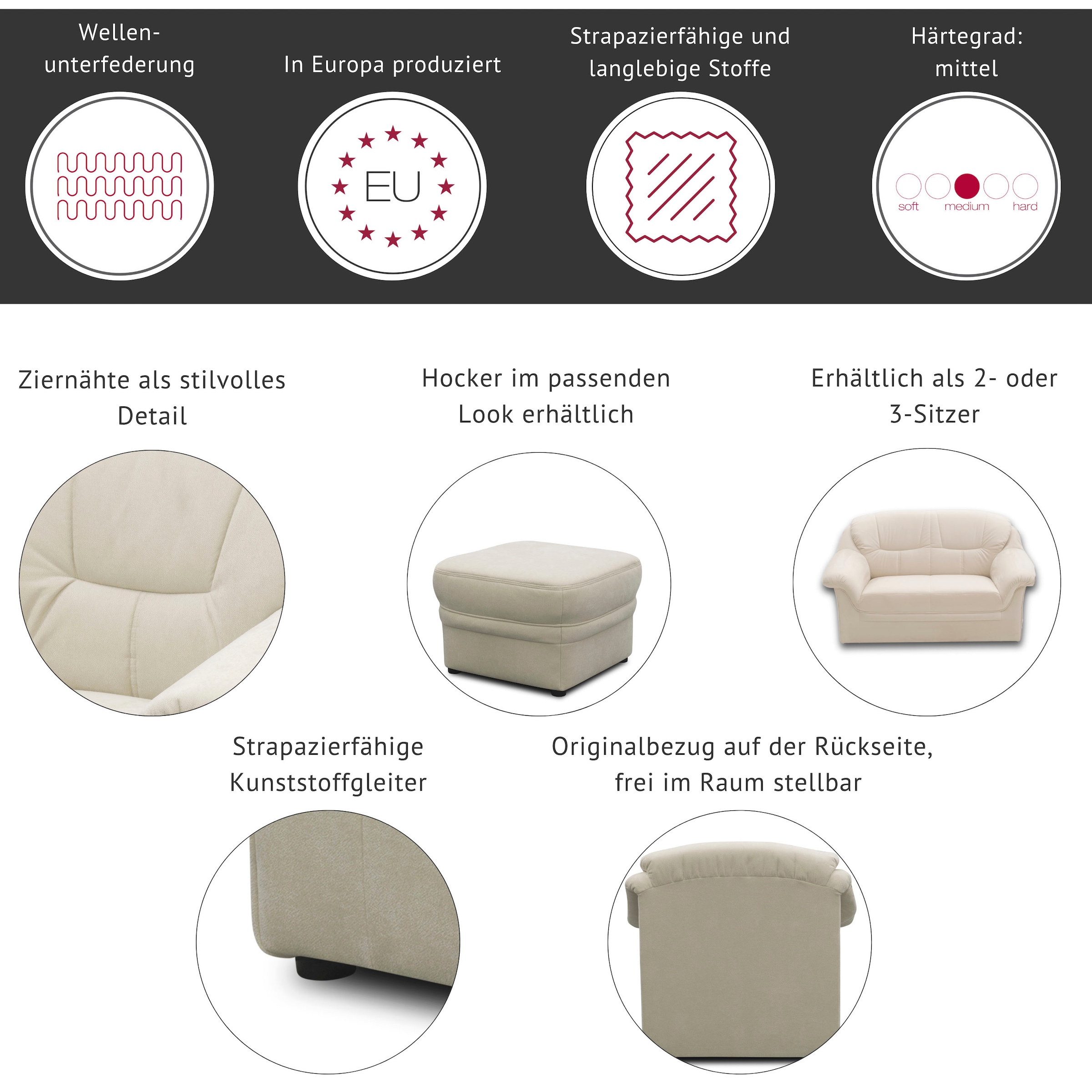 DOMO collection 3-Sitzer »Montana für kleine Räume, Breite 184cm, komfortabel und zeitlos« bequeme Armlehnen