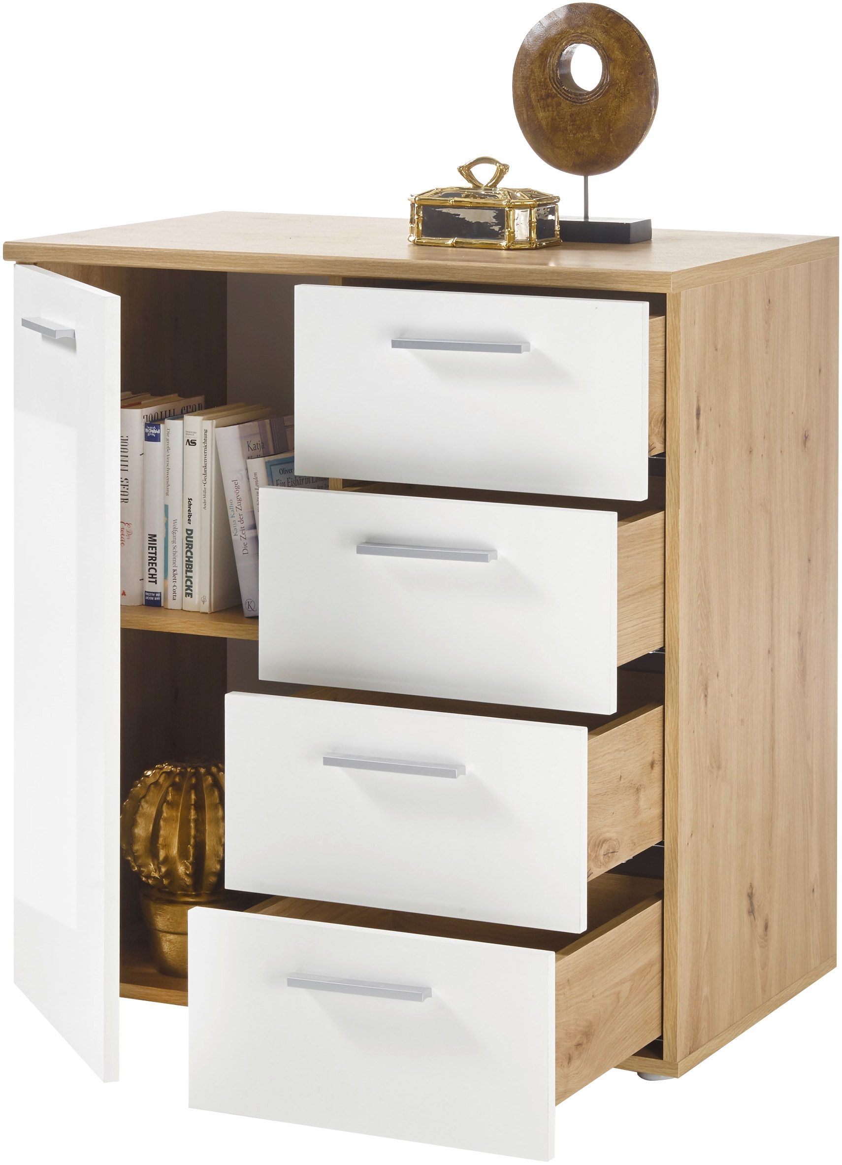 HBZ Kommode »Pablo weiss Glanz, BxHxT 80x84x50 cm« Kommode mit 1 Tür, 4 Schubkästen, 1 Einlegeboden verstellbar