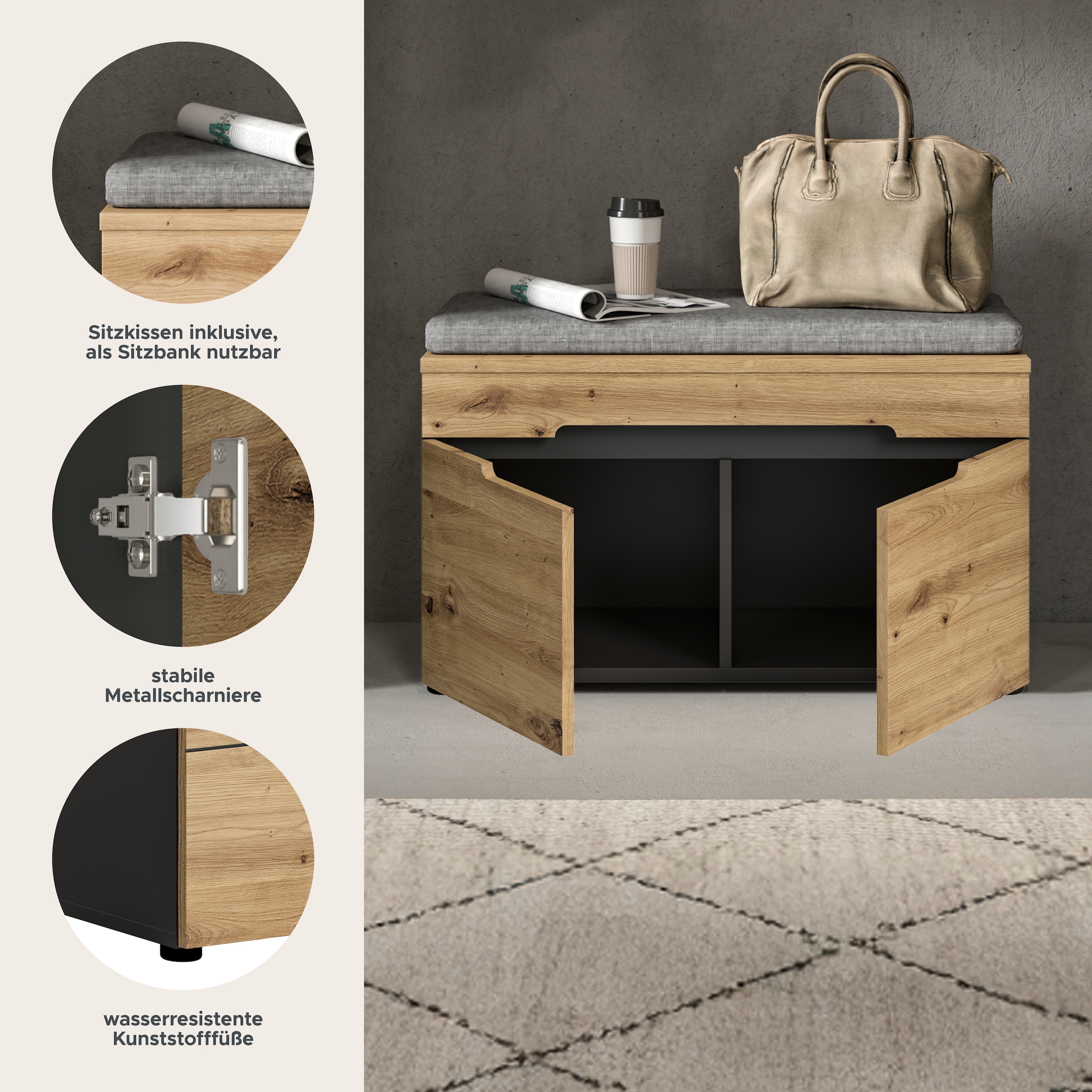 Home affaire Sitzbank »REHAT, TOPSELLER!, Breite 80cm, 2 Türen, 2 Fächer inkl. Sitzkissen« in verschiedenen Farben erhältlich, 2 Stk. tlg. Garderobenbank, Flurbank, Dielenbank, Bank mit Stauraum, Bank