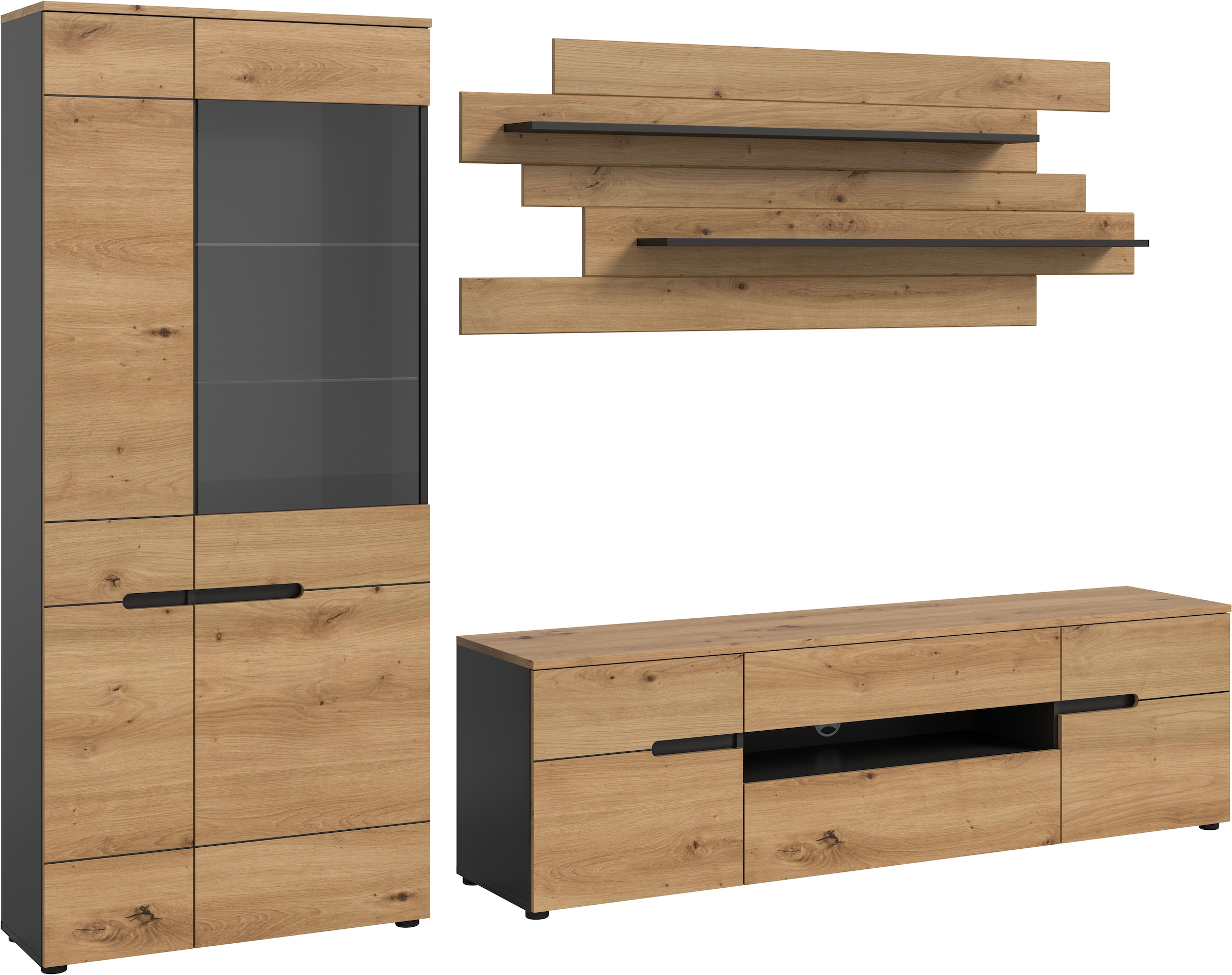 Home affaire Meuble mural »REHAT, TOPSELLER!, 3-teilig, Breite 280 cm, individuell stellbar« Set composé de : vitrine, meuble bas et étagère murale, 3 cuis tlg.