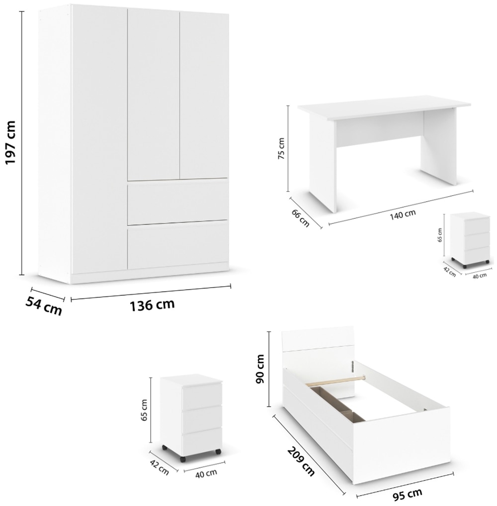rauch »Komplettzimmer Schlafzimmer-Set (5-St.) Jugendzimmer-Set JOEL« Ensemble, Lit 90x200 ou 140x200 cm, packs d’équipement BASIC/CLASSIC/PREMIUM, 5 cuis tlg. lit 2 largeurs, table de nuit, table, caisson à roulettes, armoire MADE IN GERMANY