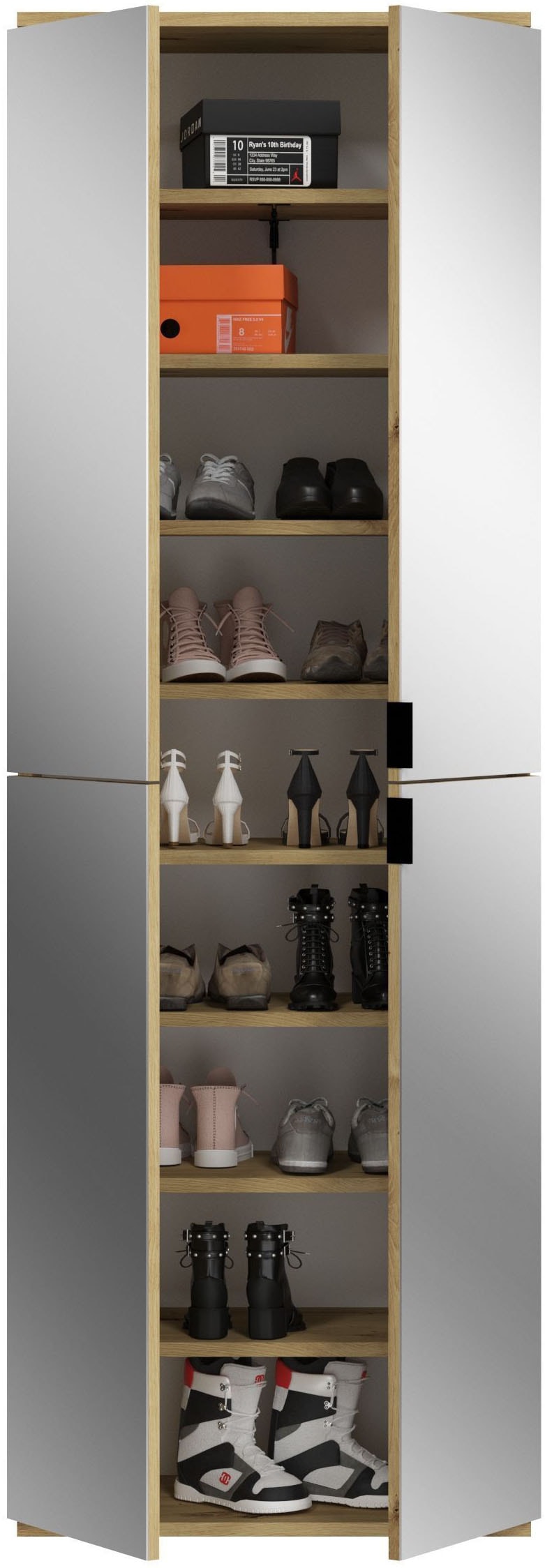 Home affaire Schuhschrank »Trondheim, Höhe 193 cm, 4 Spiegeltüren, 9 Fächer, 7 Einlegeböden« inkl. ausziehbarer Kleiderstange, Garderobenschrank, Kleiderschrank