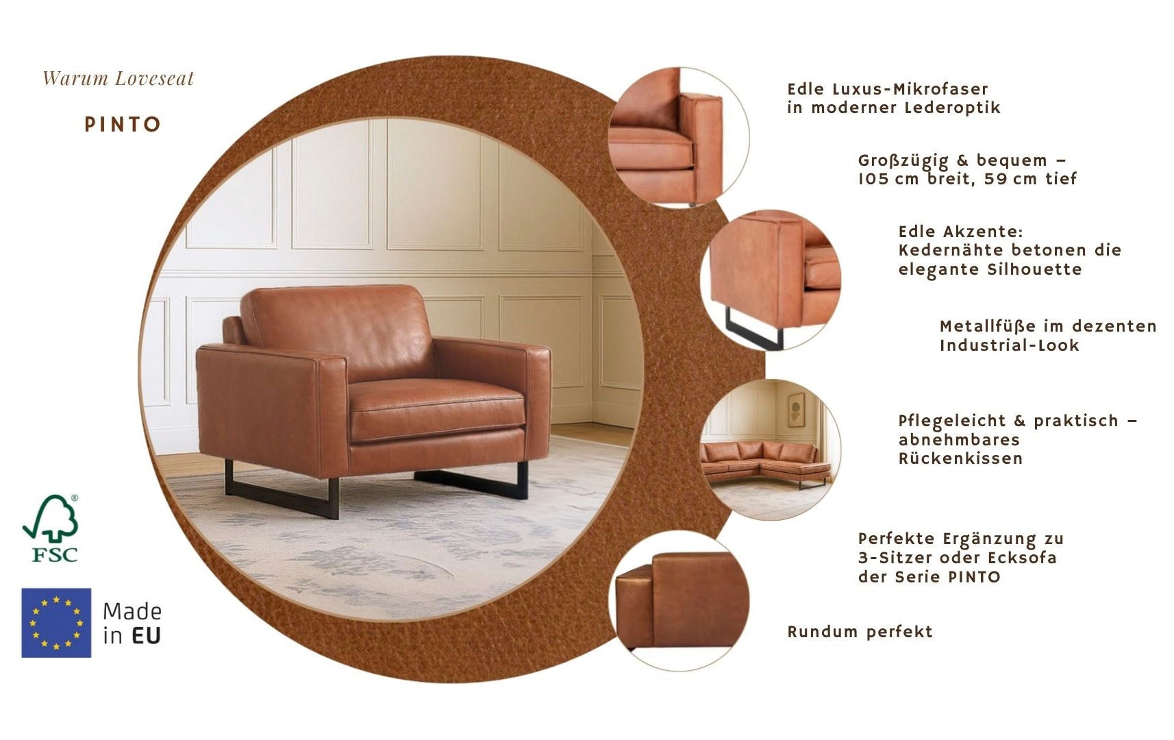 Home affaire Loveseat »Pinto 105 cm, Cord, Chenille, Lederoptik« mit Keder, Metallfüssen und auch in Cord Bezug erhältlich