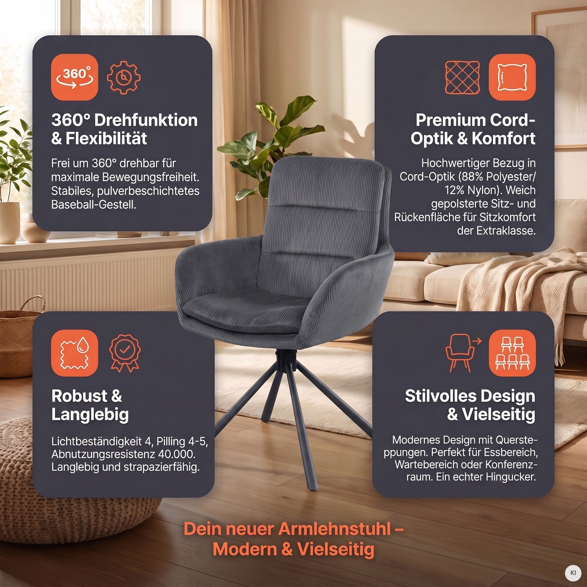 SalesFever Chaise de salle à manger »Pizzo Eleganter Armlehnstuhl« () 1 cuisfauteuil de salle à manger en velours côtelé avec rotation 360°