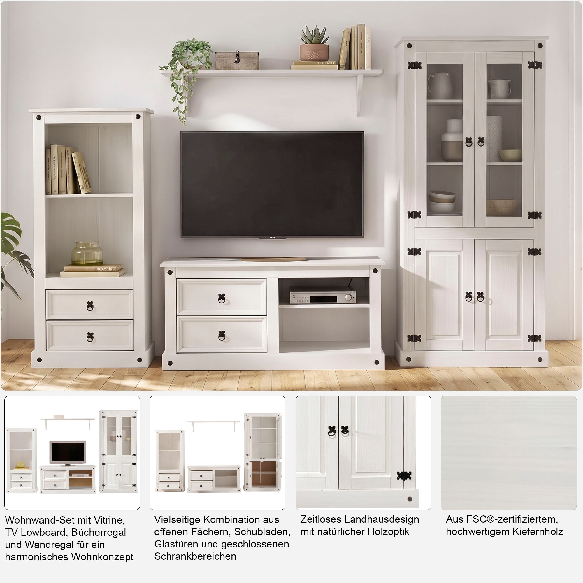 GOODproduct Meuble mural »Mexiko Vitrine, Regal und TV-Board mit Metallgriffen« Ensemble, 3 cuis tlg.