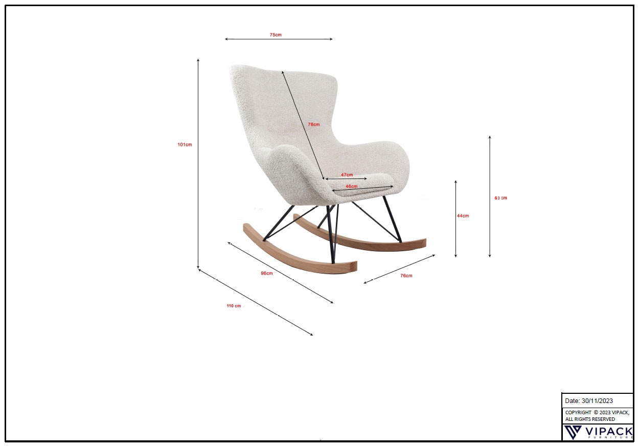Vipack Fauteuil à bascule »Rocky, super bequemer Schaukelstuhl, runde zeitlose Formgebung« L/H/P env. 76x101x110 cm, patins bois massif avec protection sol,  coque d’assise rembourrée en tissu bouclé duveteux, au choix 2 couleurs