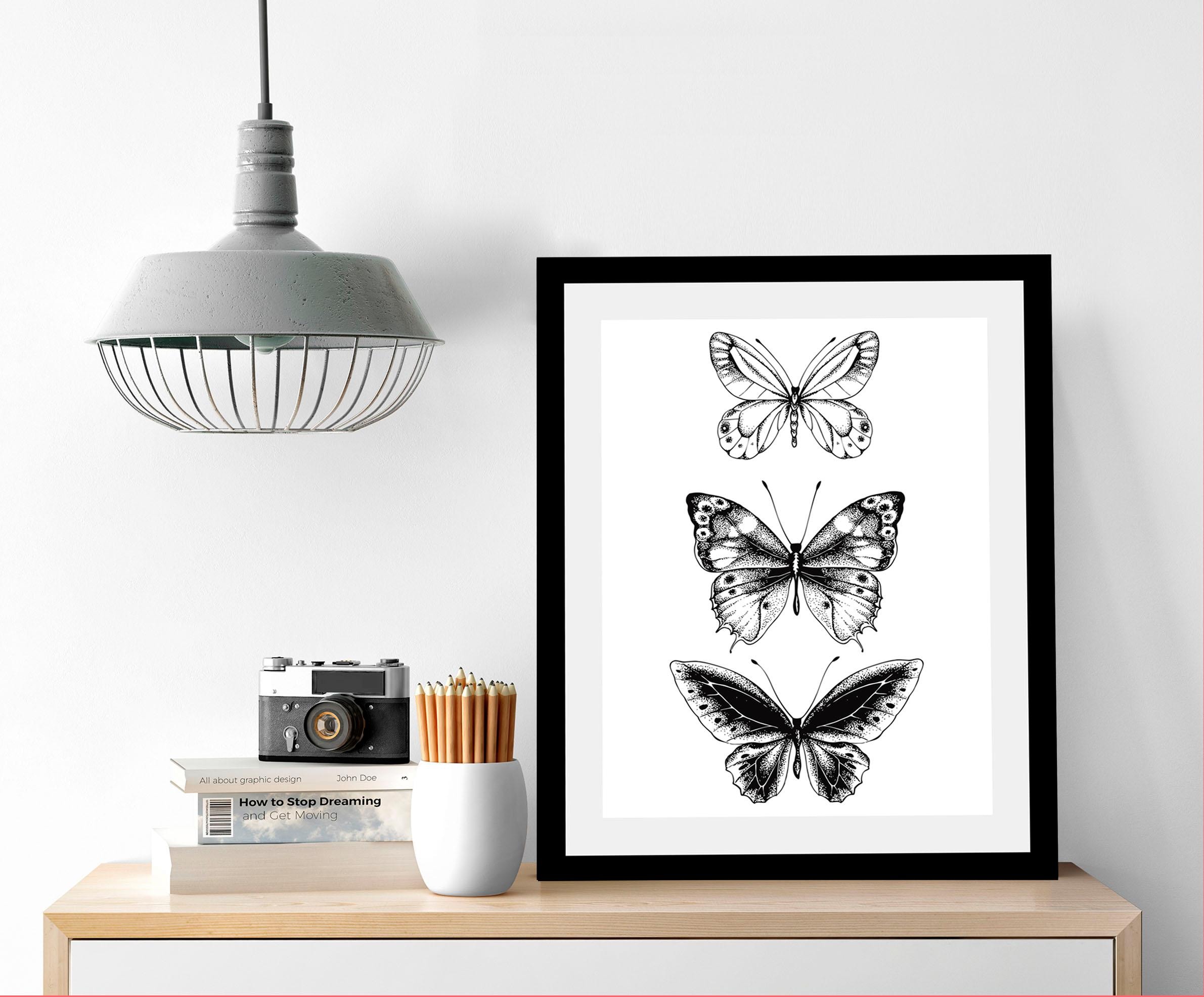 queence Bild »Schmetterlinge« Insekten | Kunst | Schmetterlinge | Schwarz-Weiss | Tiere HD Premium Poster-Druck inkl. Holzrahmen