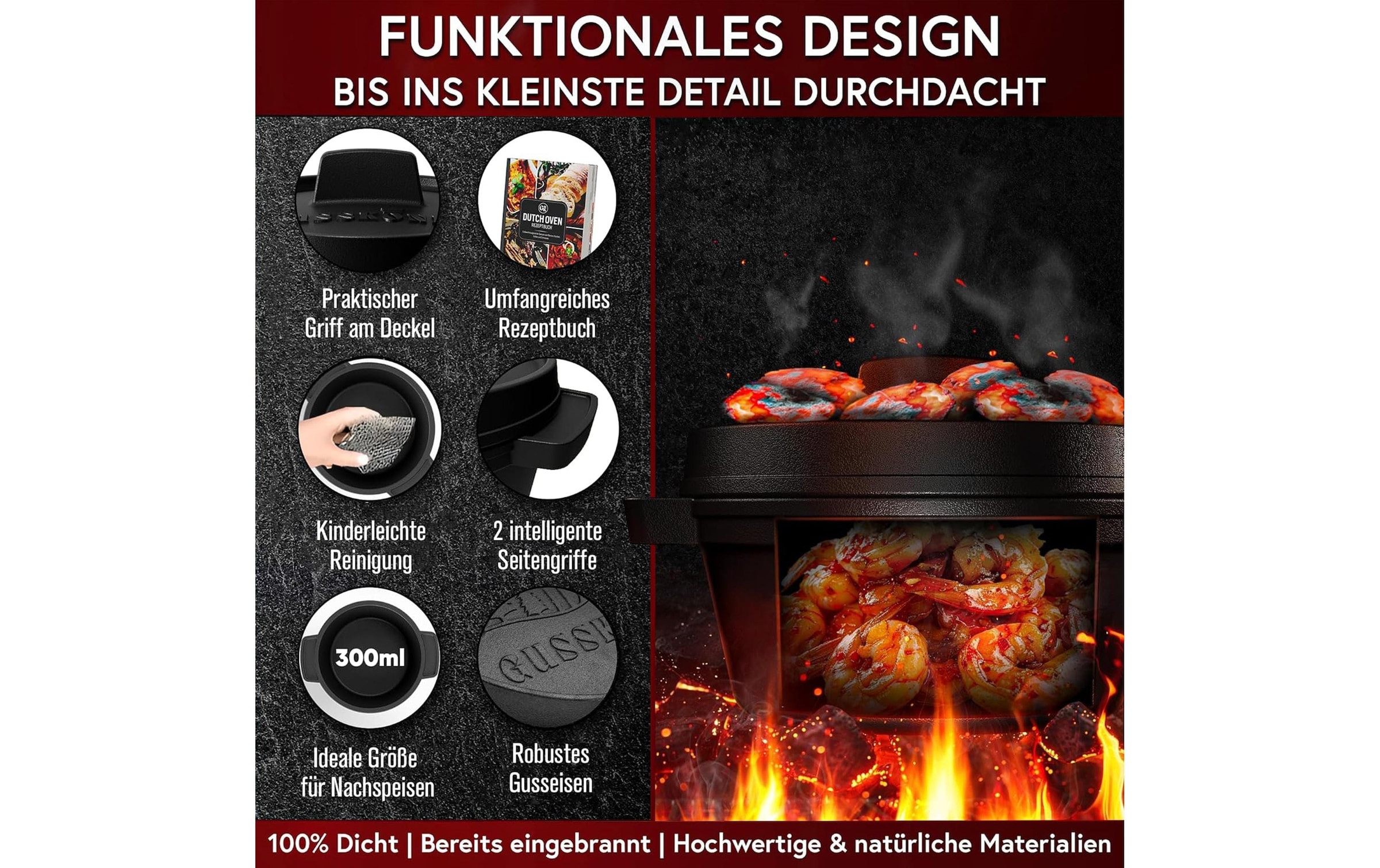   Grilltopf »Gusskoenig Mini Dutch Set 4 Töpfe« Gusseisen 8 Stk. tlg. Set 4 Töpfe mit Holz-Untersetzern und Rezeptbuch