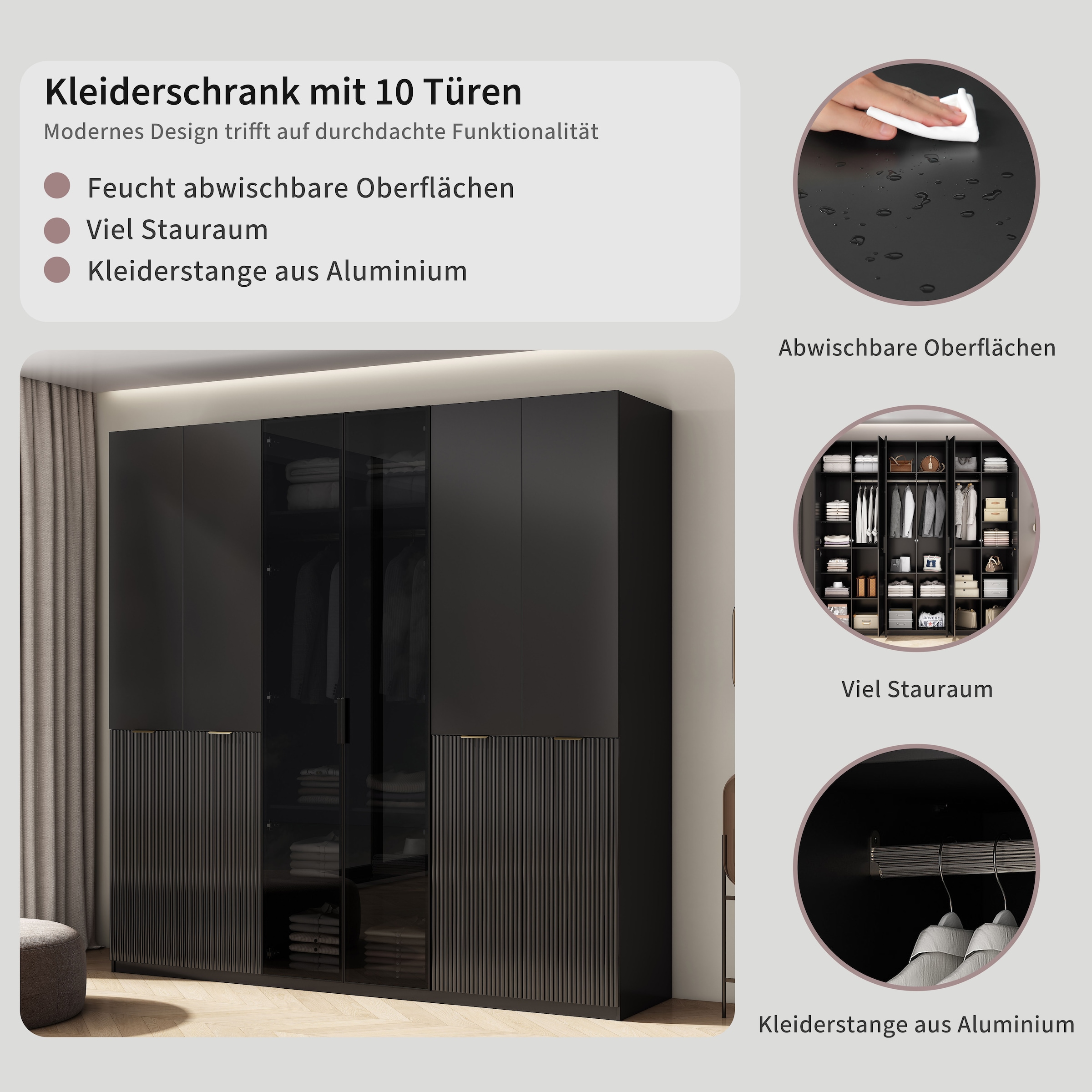GOODproduct Kleiderschrank »Jorella Schlafzimmerschrank Garderobe mit Softclose Türen Glastüren« eleganter Schlafzimmerschrank Rillendesign Trend Breite 241cm Grauglas