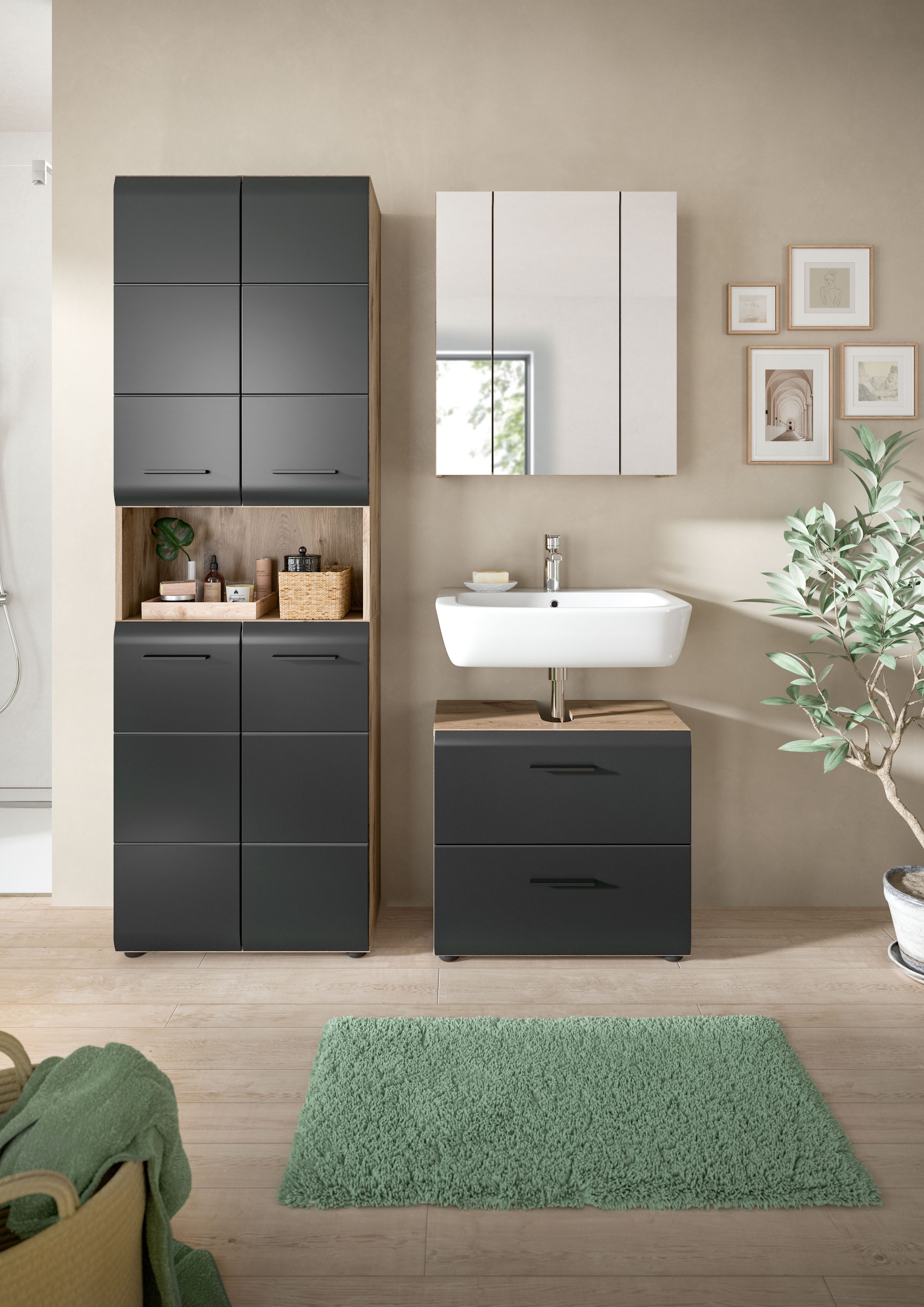 welltime Badmöbel-Set »FLORENZ, TOPSELLER!, 3-teilige Badkombination, hochwertige MDF-Front« Set, best. aus: 1 Hochschrank, 1 Waschbeckenunterschrank, 1 Spiegelschrank, 3 Stk. tlg.