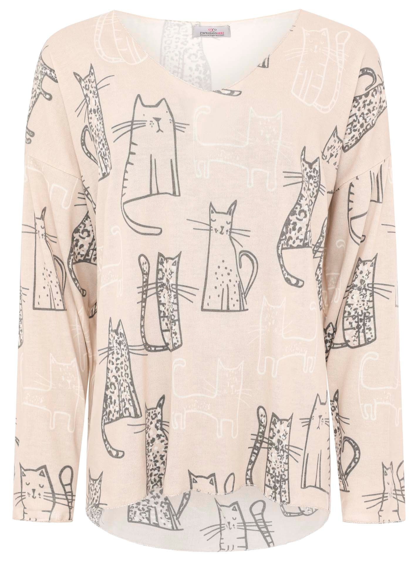 Zwillingsherz T-shirt à manches longues »"Katze"« One Size, V-Neck, Langarm, Katzen-Motiv