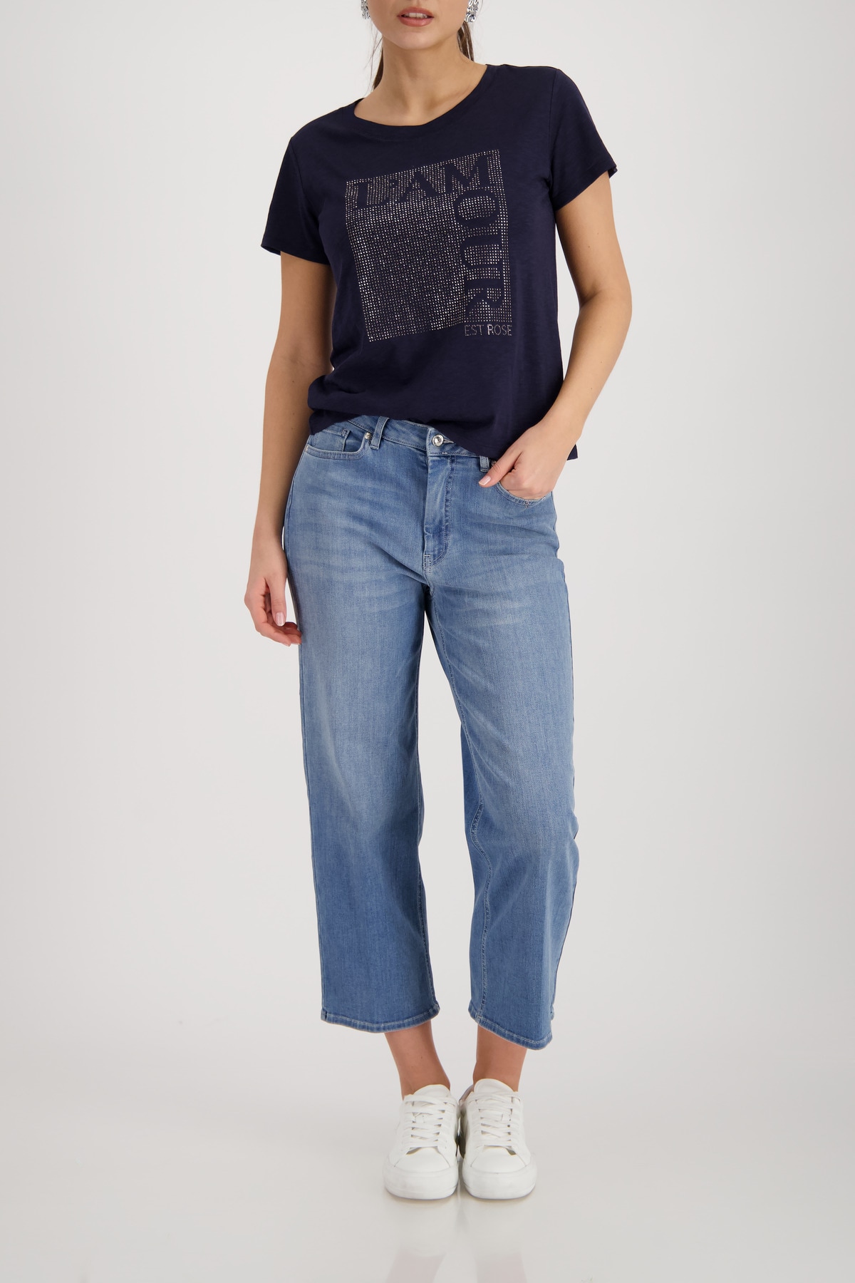 Monari T-Shirt »Shirt Basic Schmuck« Flammgarn-Struktur, Strasssteine, Regular Fit