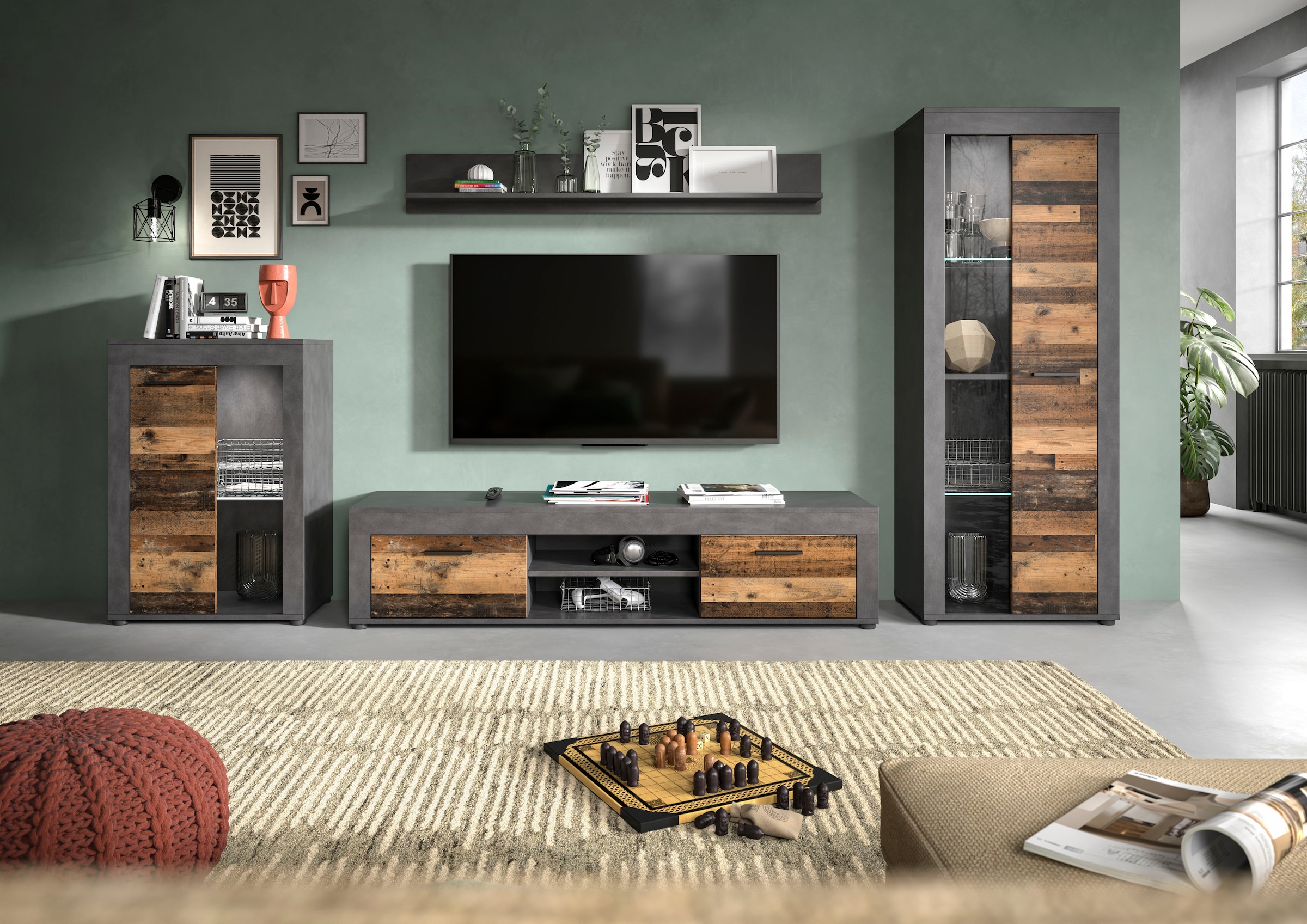 Home affaire Meuble mural »AOSTA, Breite 310cm, 4-teilige Wohn-Kombination« bestehend aus: Vitrine, Lowboard, Wandboard & Vitrine hoch, 4 cuis tlg.