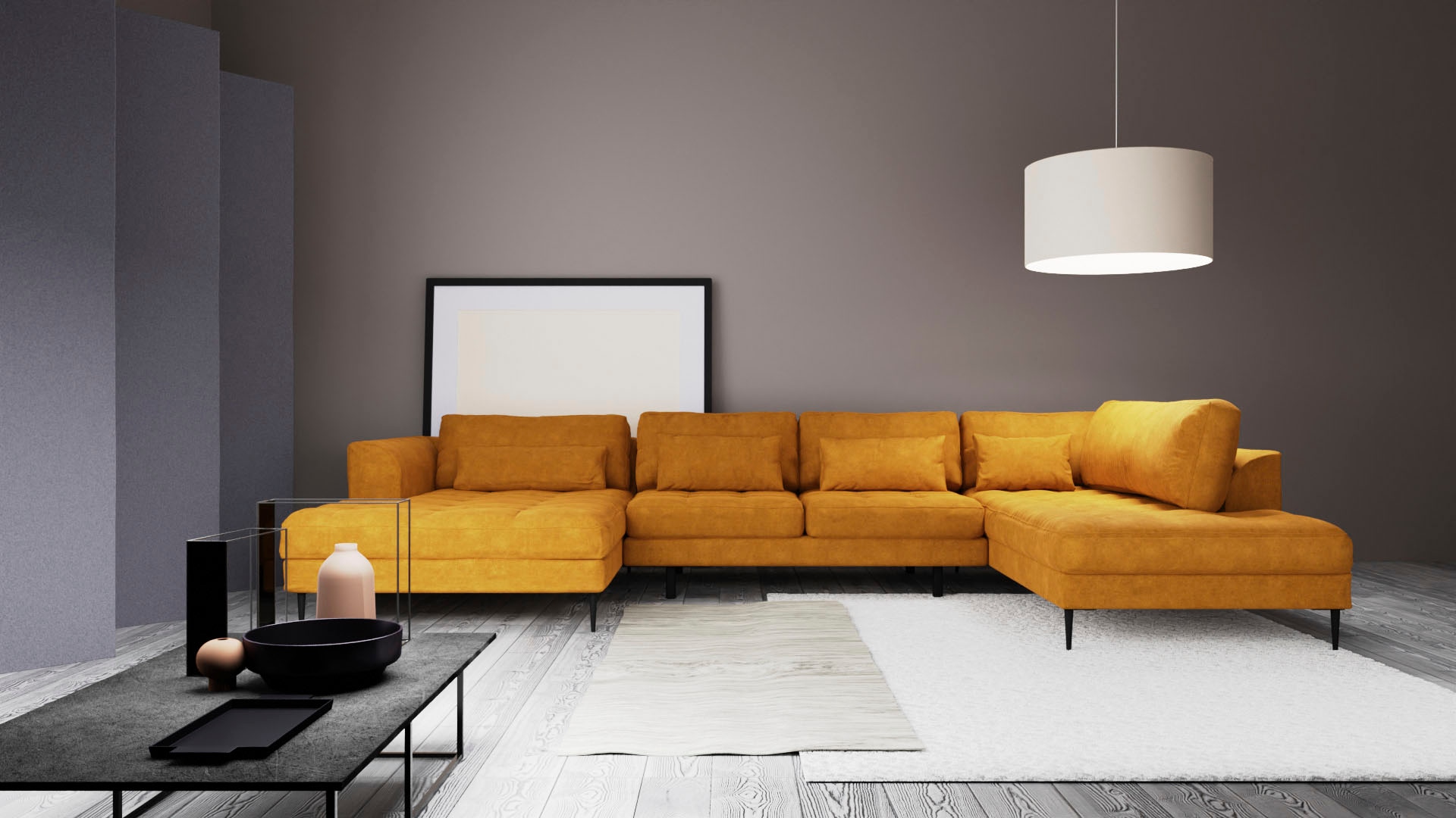 TRENDMANUFAKTUR Paysage de salon »Luzi, gemütliches Sofa, extra viel Platz, viele Kissen« Canapé design avec très bon confort d'assise, pieds métal noirs, largeur 361 cm