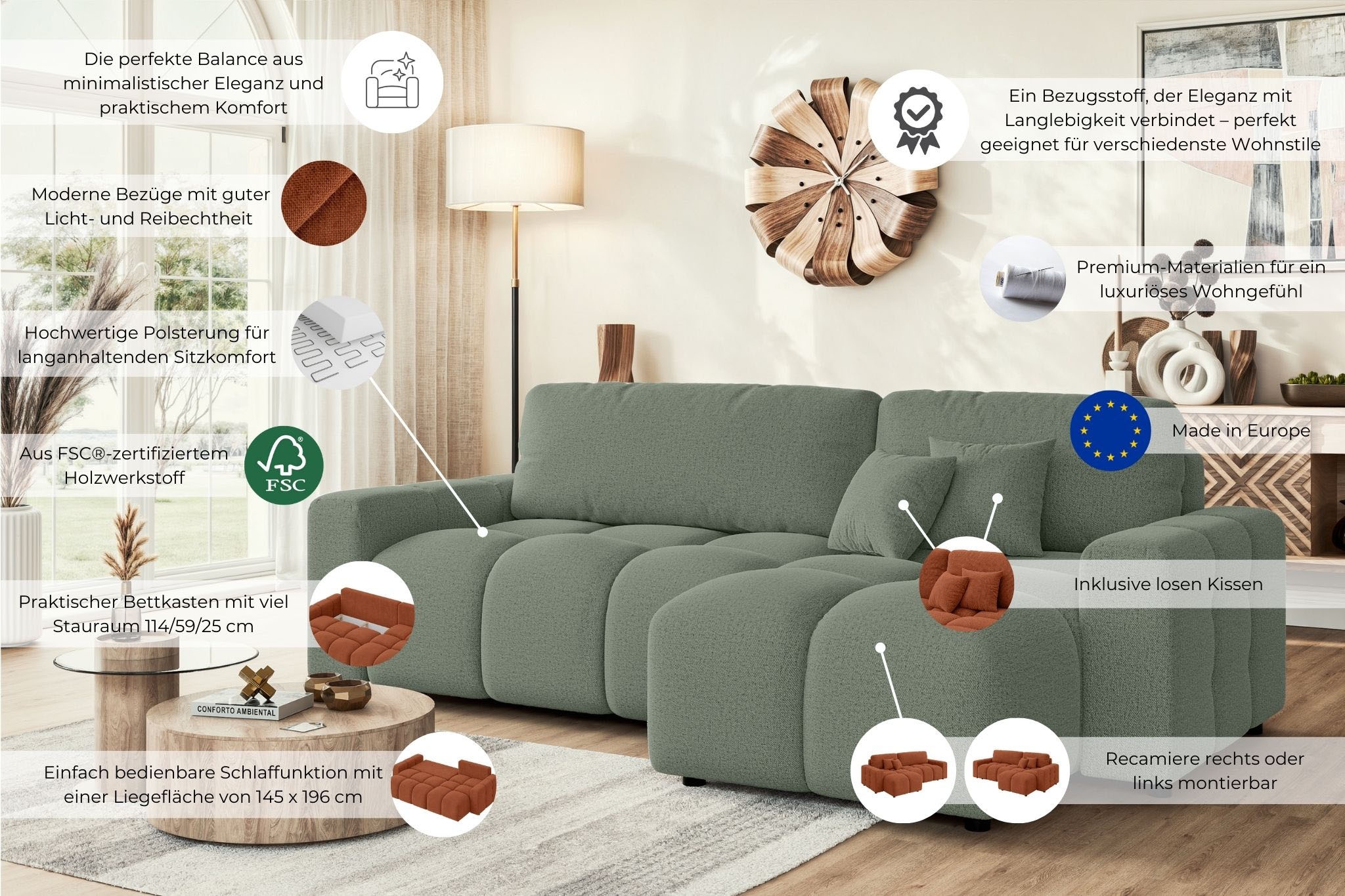 Home affaire Ecksofa »FELICI, Schlafsofa 233cm, L-Form mit Recamiere beidseitig montierbar« Designsofa mit Bettfunktion und Bettkasten, Masse B/T/H: 233/142/88 cm