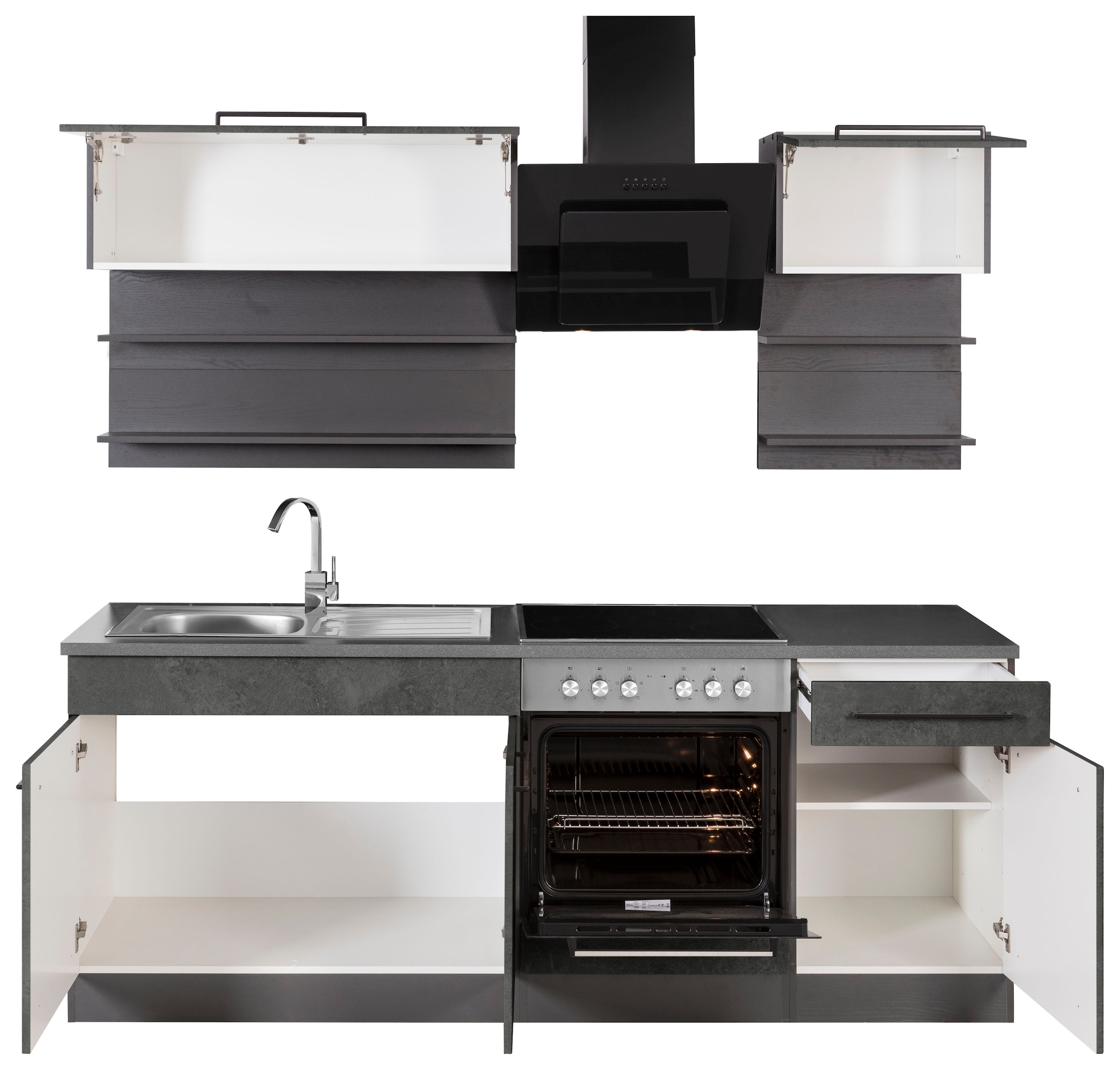 KOCHSTATION Küchenzeile »KS-Tulsa« Breite 210 cm, schwarze Metallgriffe, hochwertige MDF Fronten