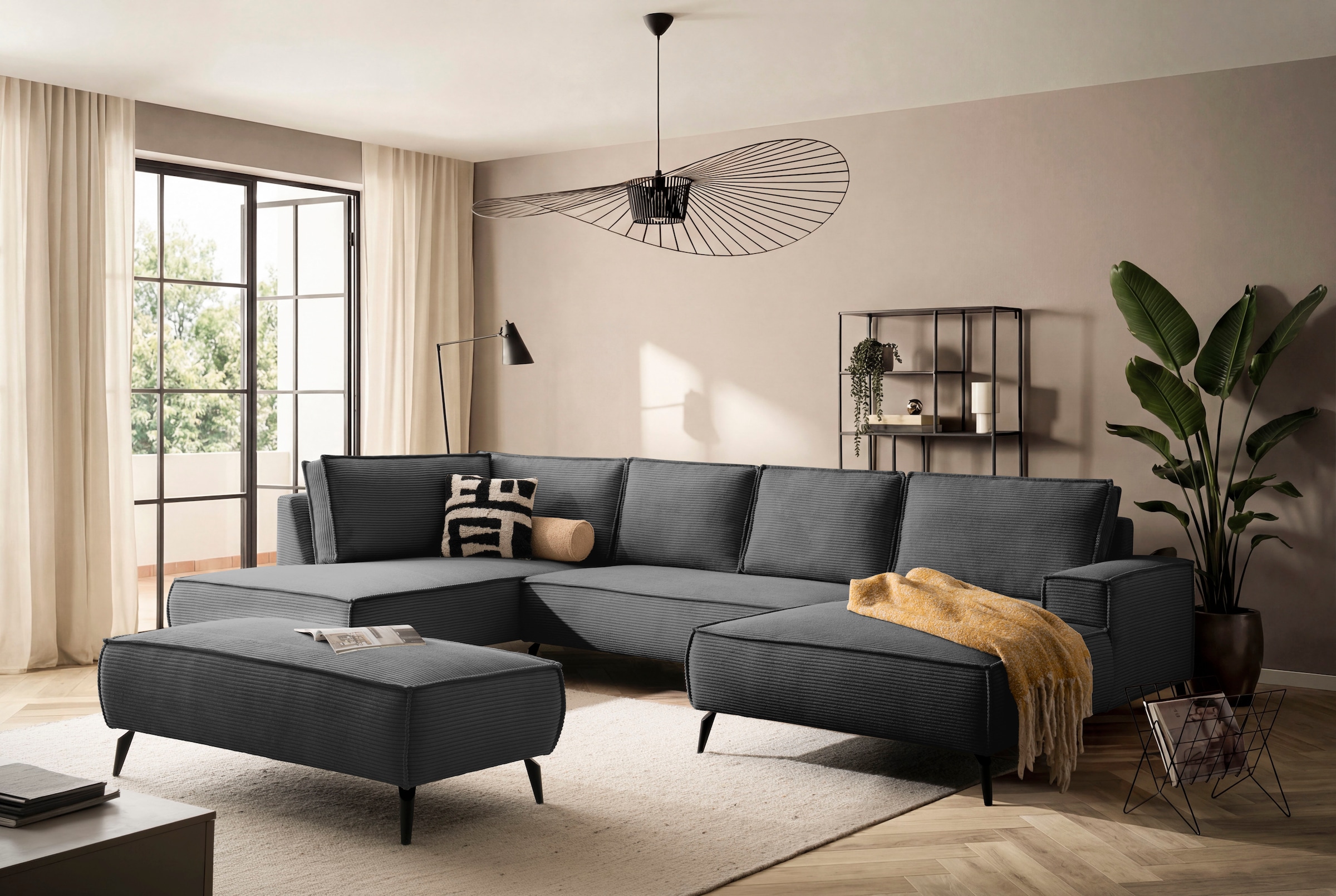 Home affaire Paysage de salon »mit Hocker, TVINNU, moderne U-Form in Cord oder Leinenoptik« Recamiere rechts/links, stellbar zum Schlafsofa (Krokodilverbinder)