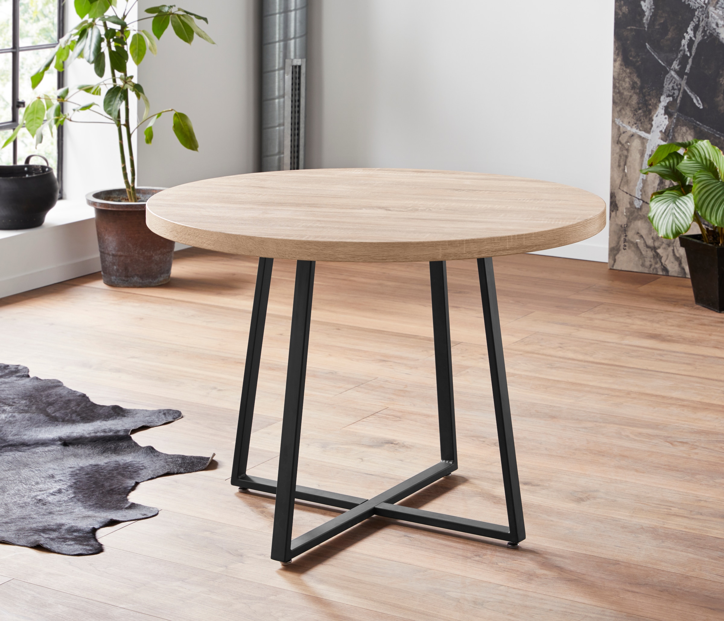 GOODproduct Esstisch »Anja« Küchentisch, Tisch, Runder Tisch,  Kreuzfussgestell aus Metall, Naturholz Optik Tischplatte