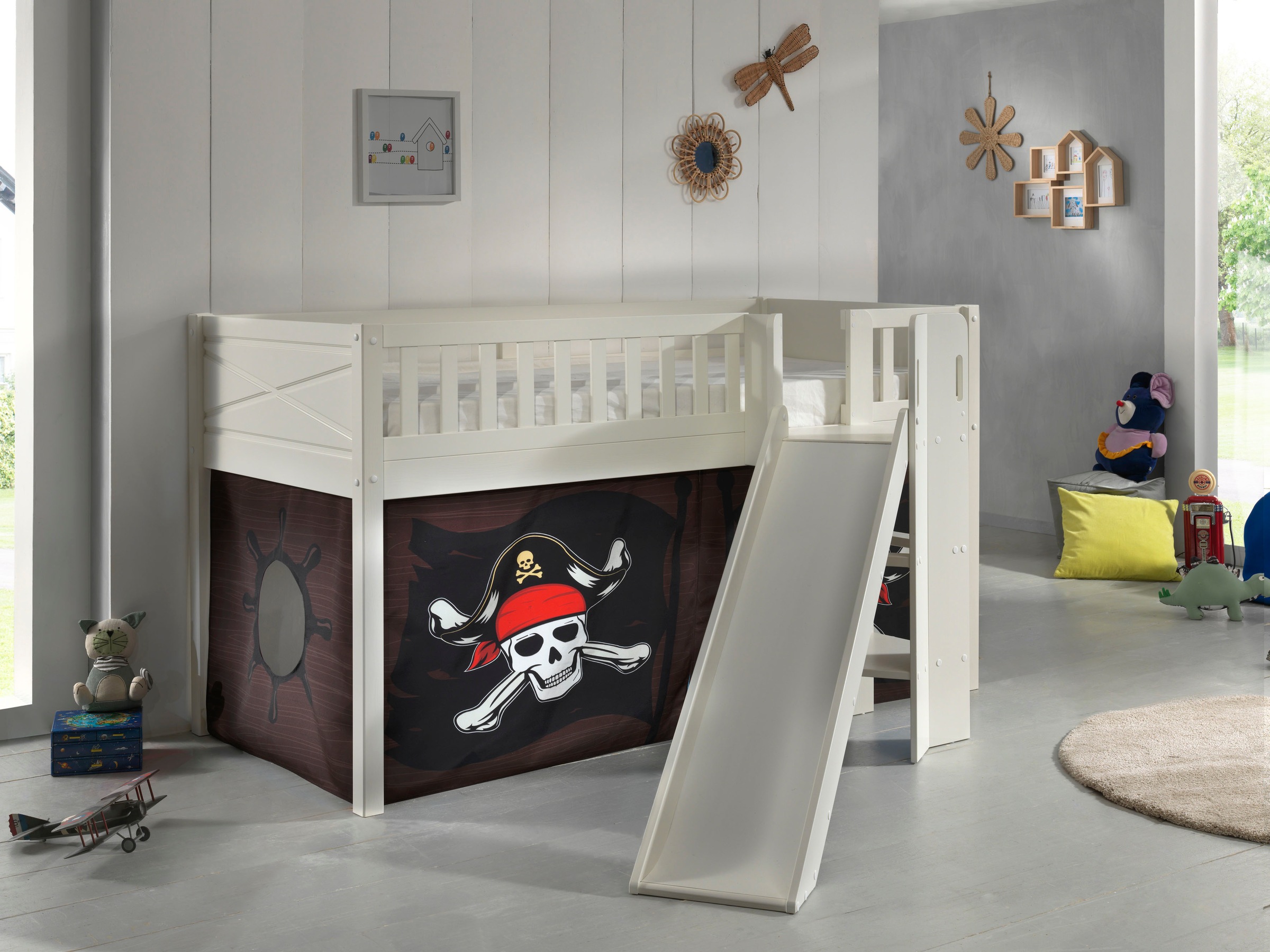 Vipack Lit superposé »Scott« L/H/P env. 207,6x114x203,7 cm, tête/pied de lit fraisés, construction solide,  avec tour d'escalier antidérapant, LF 90x200 cm, rideau inclus, 7 designs