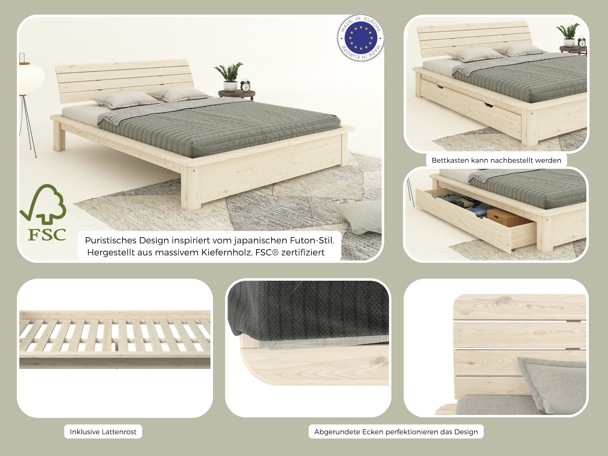 GOODproduct Massivholzbett »Antri, Futonbett, ergonomisch geformtes Kopfteil, stilvolles Design« Rahmen zur Ablage von Smartphone, mit Lattenrost, Bettkasten optional