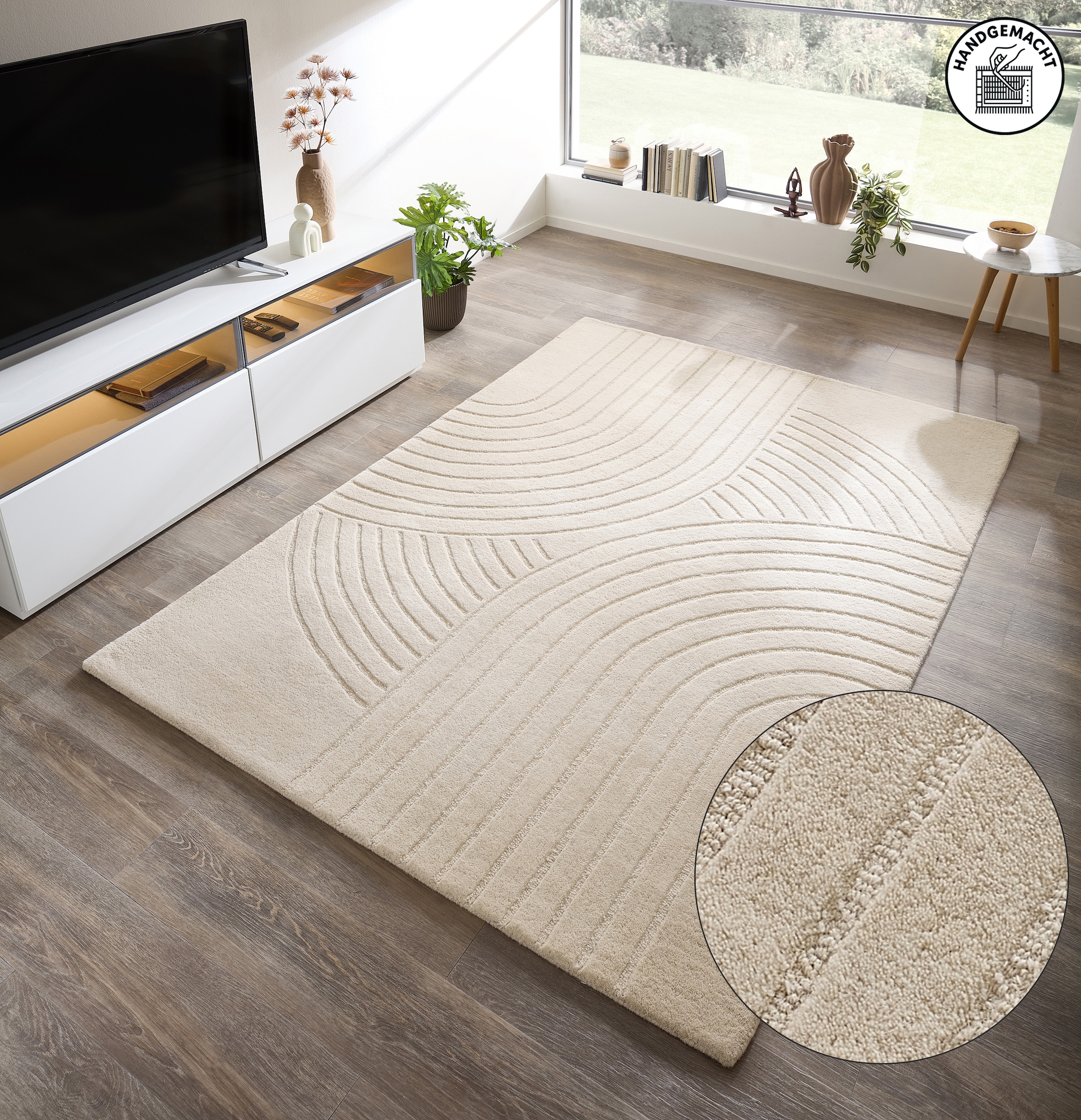 GOODproduct Wollteppich »Gabbo Design, Handgefertigt, Teppich,  reine Wolle,« rechteckig 14 mm Höhe Hoch-Tief-Effekt, reine Wolle, Scandi-Look, Naturfaser