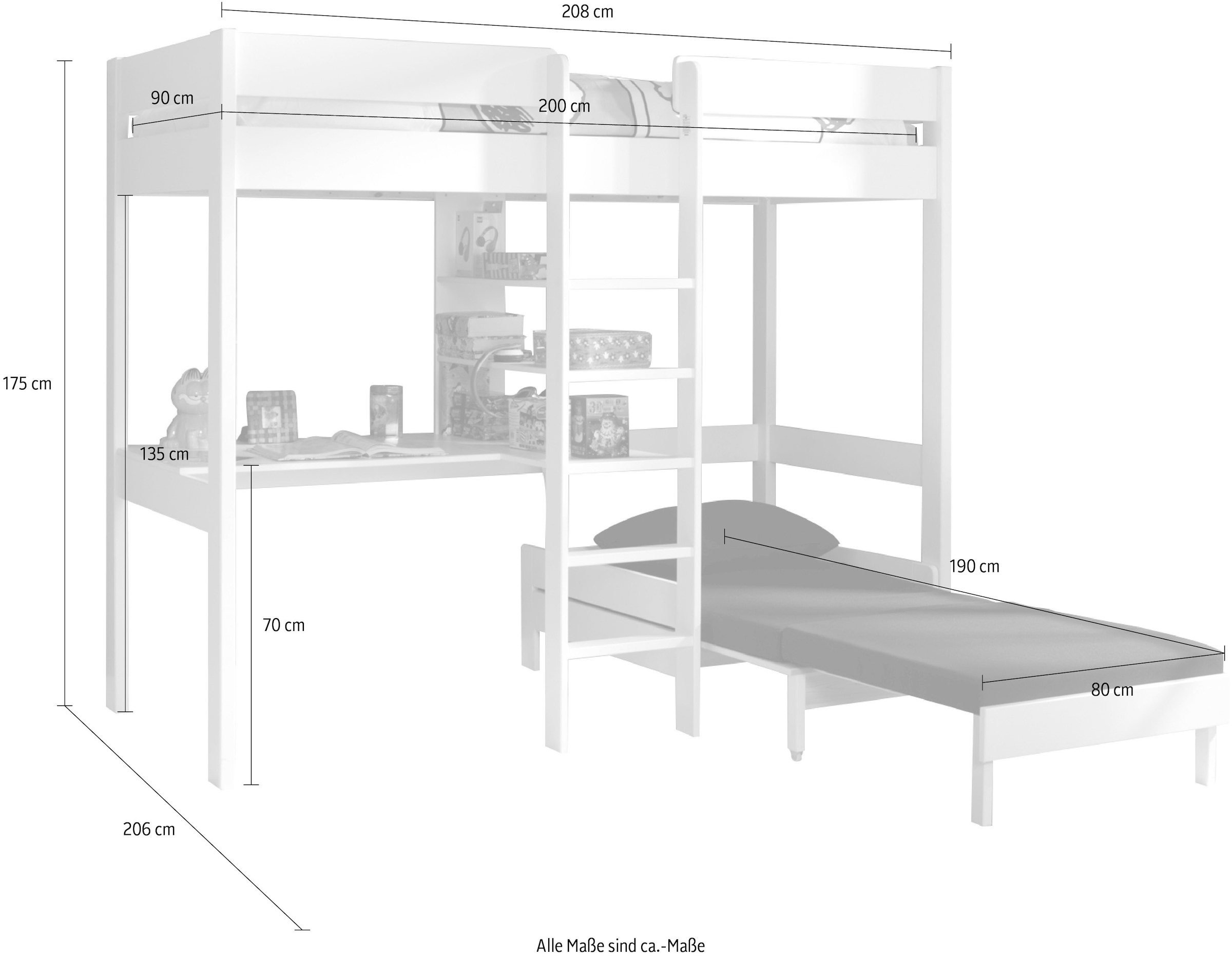 Vipack Hochbett »Pino, Kiefer massiv, viel Funktion auf kleinem Raum, Made in Europe« B/H/T ca. 208x175x105/206cm, inkl. Schlafsessel, Schreibtisch, Regal,  inkl. Rolllattenrost, Absturzschutz oben, 2 Farben zur Auswahl