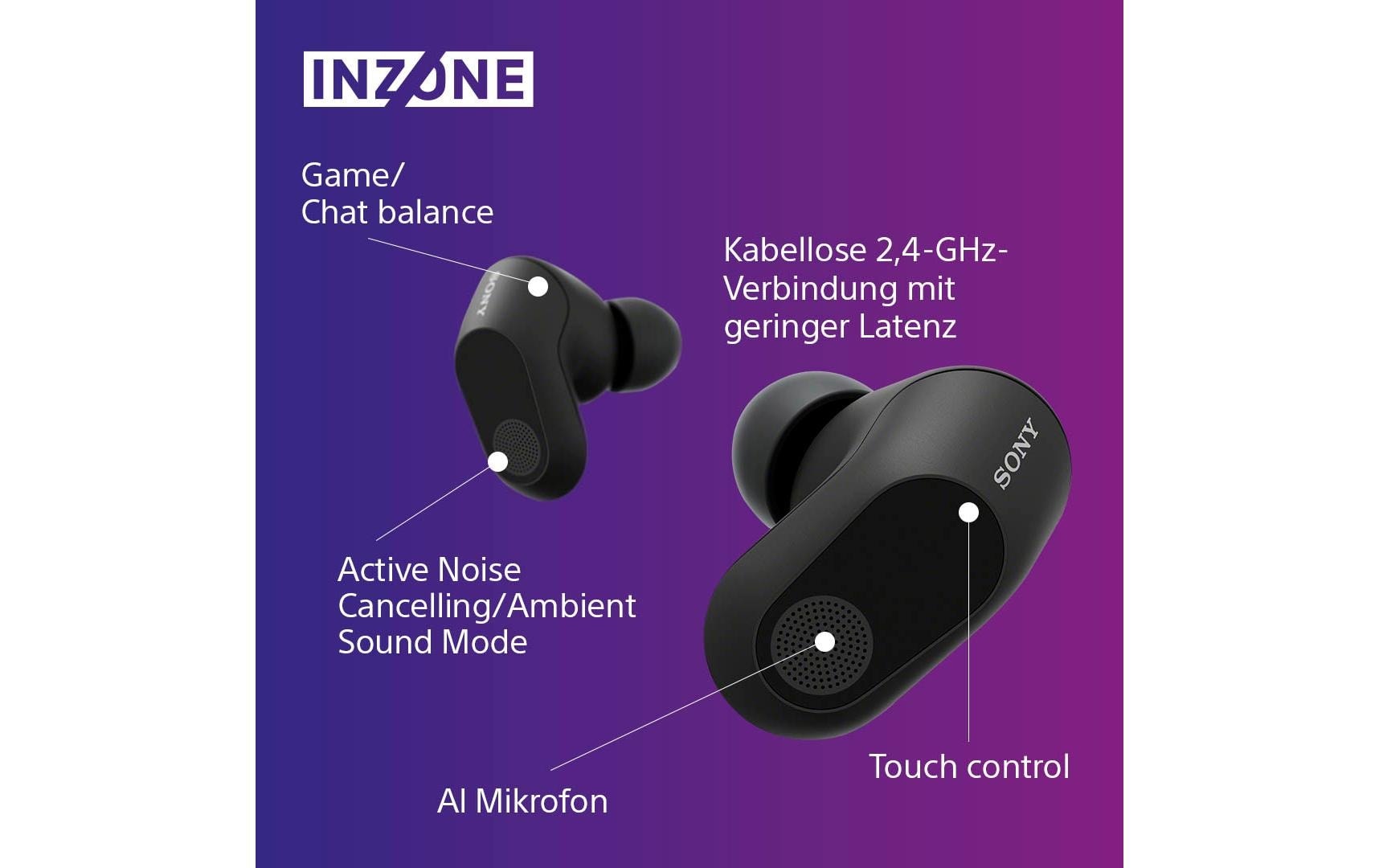 Sony In-Ear-Kopfhörer »INZONE Buds« Noise-Cancelling 360 Spatial Sound, 24 Std Akkulaufzeit, geringe Latenz, Mic mit AI